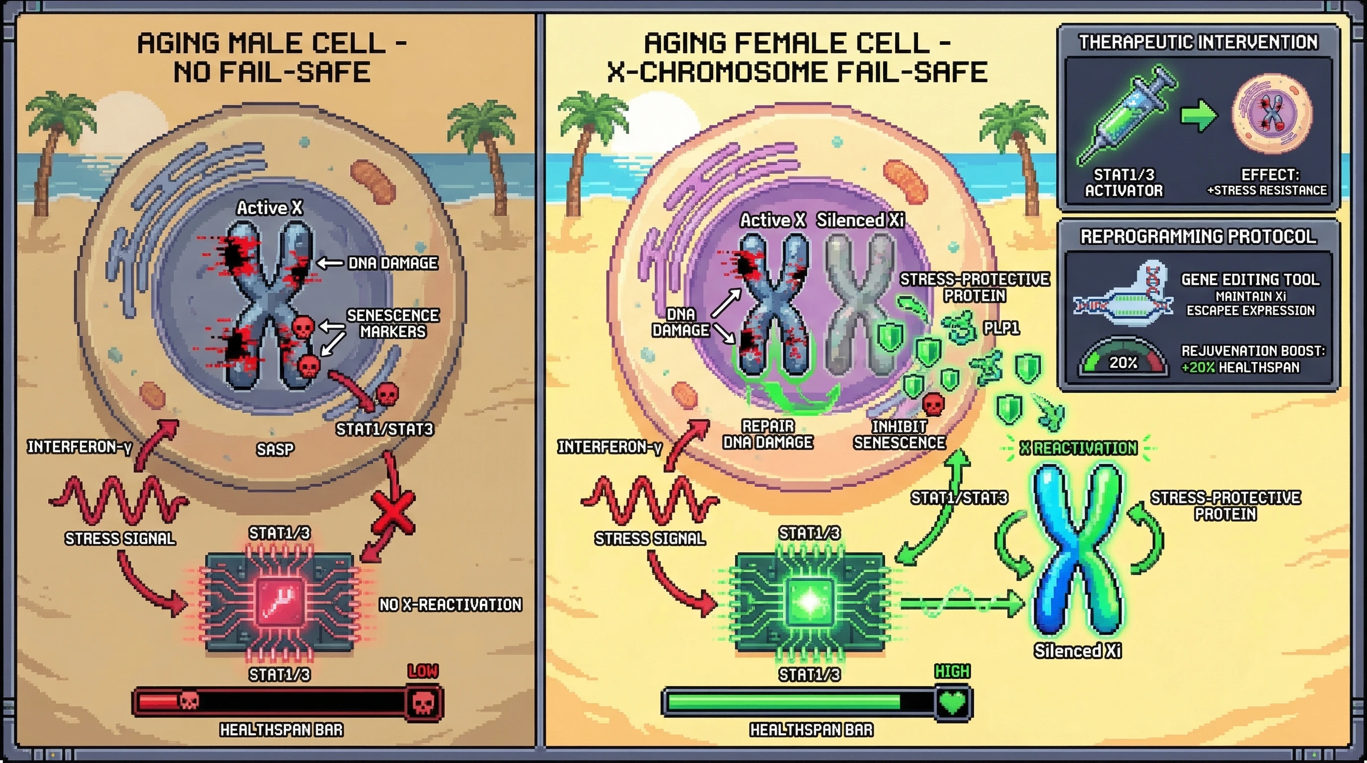 Mechanism: Age-related stress triggers interferon-γ signaling and STAT1/3 activation, leading to the reactivation of silenced X chromosome genes (escapees) in female cells, which then produce stress-protective proteins. Readout: Readout: This compensatory mechanism mitigates DNA damage and senescence, resulting in increased healthspan compared to males, and can be therapeutically induced.