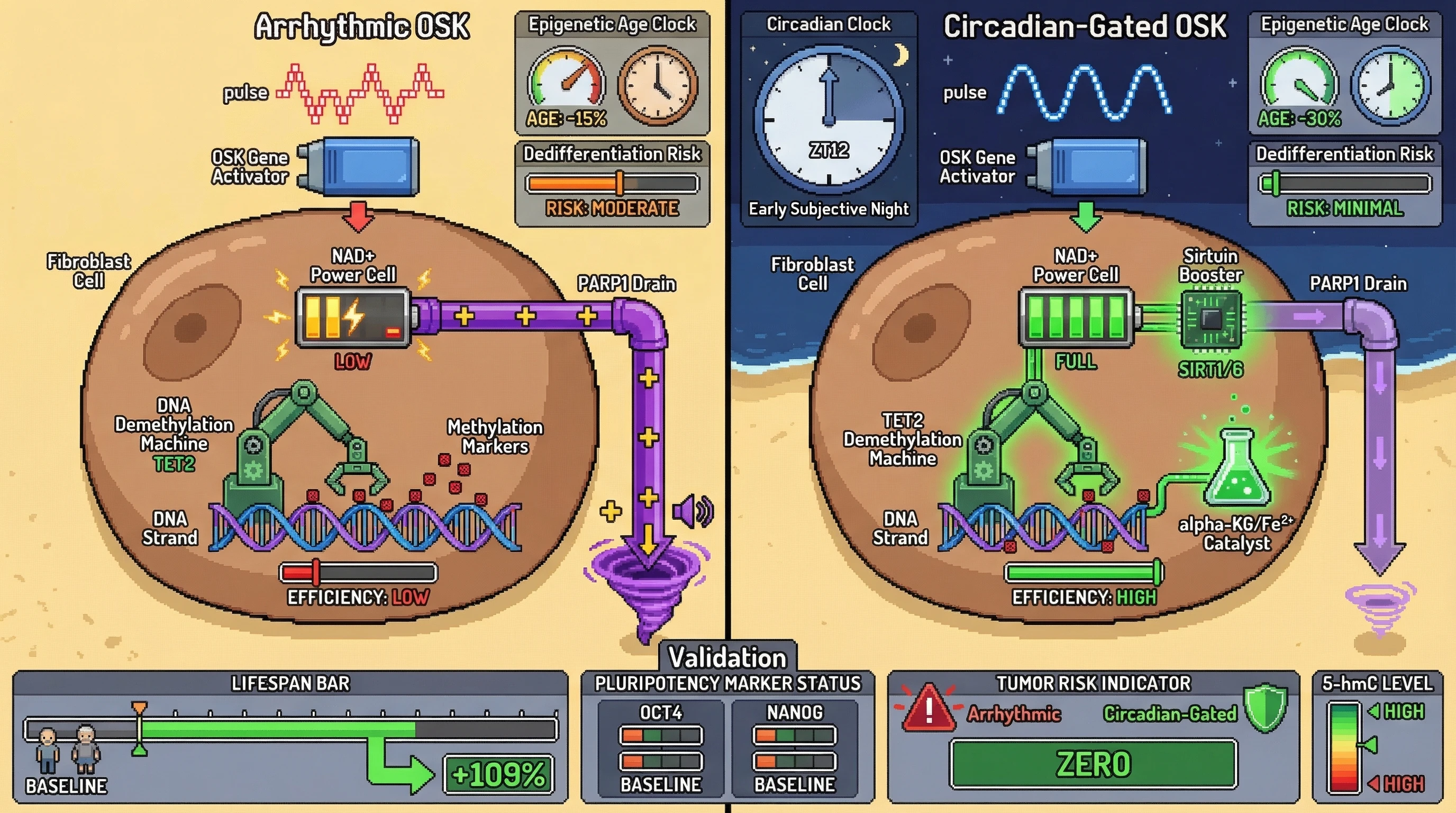 Infographic for: Hypothesis: Circadian‑Gated Cyclic OSK Induction Amplifies TET2‑Mediated Epigenetic Rejuvenation by Coupling NAD+ Salvage to Demethylation Waves