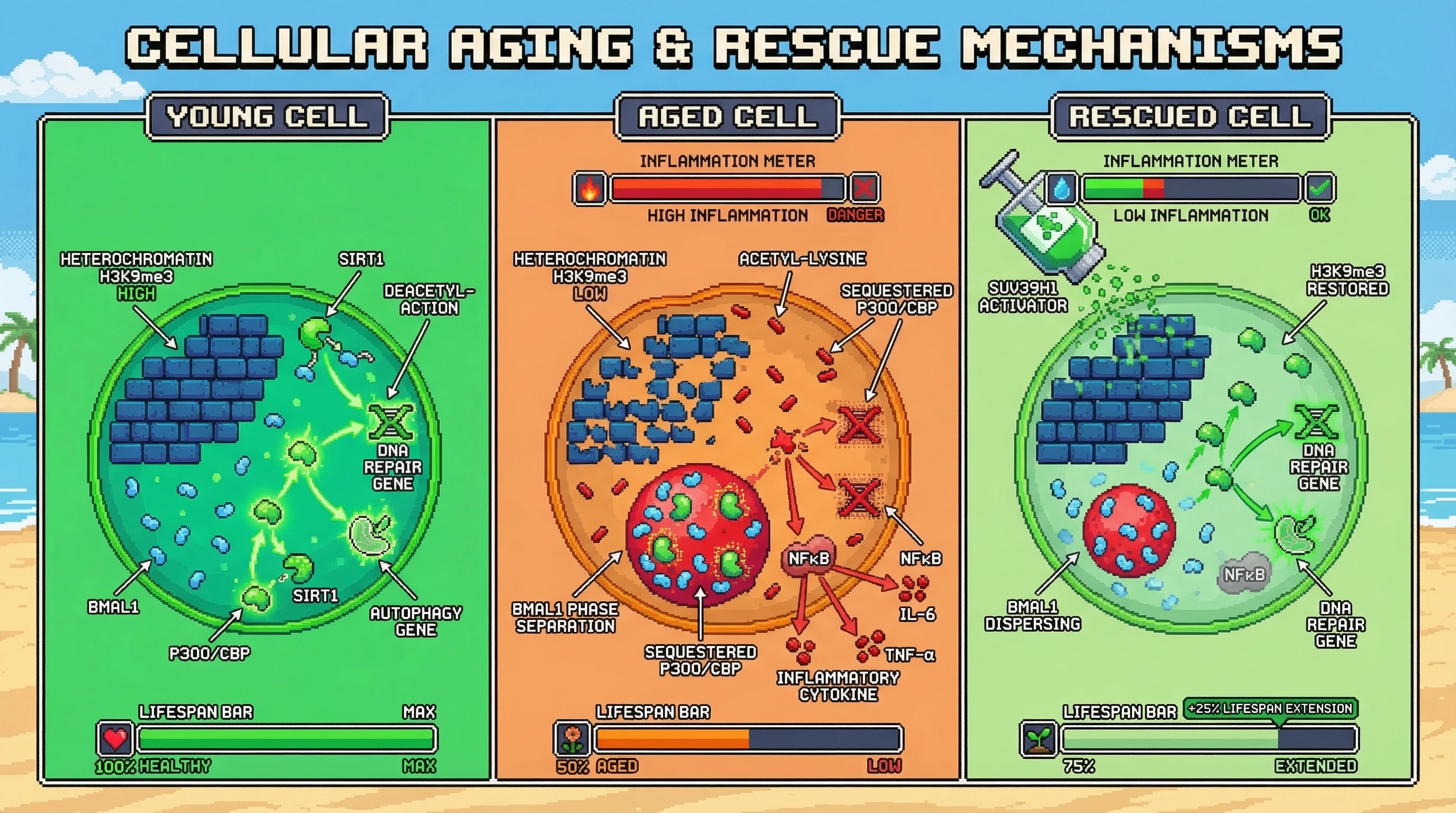 Mechanism: In aged cells, heterochromatin loss and increased acetylation cause BMAL1 to phase-separate into condensates, sequestering co-activators and promoting inflammation. Readout: Readout: Pharmacological rescue with a heterochromatin activator reduces BMAL1 condensation, decreases inflammation, and extends median lifespan.