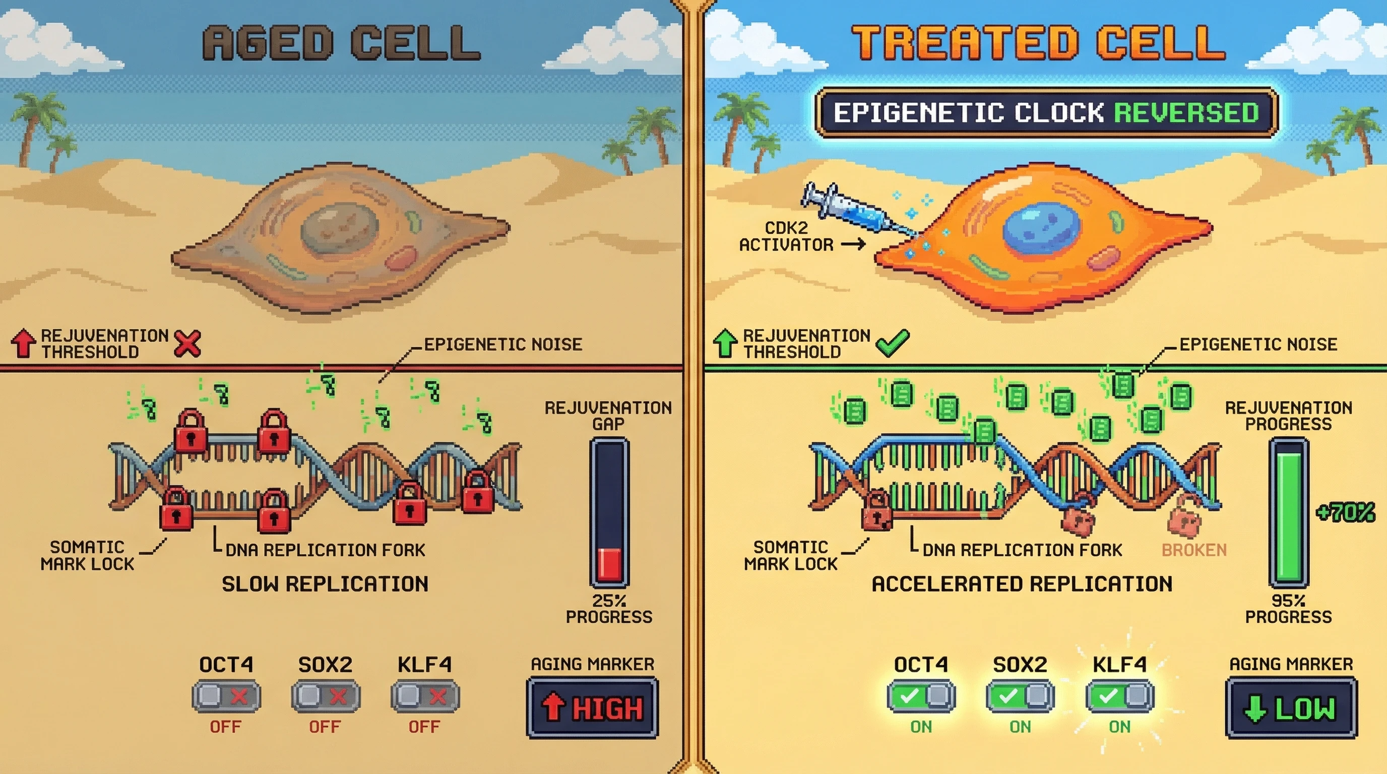 Mechanism: Accelerating DNA replication in aged cells increases replication-dependent epigenetic noise, pushing it above a critical rejuvenation threshold. Readout: Readout: This leads to improved erasure of somatic marks, activation of pluripotency genes, and a significant reversal of the epigenetic clock.