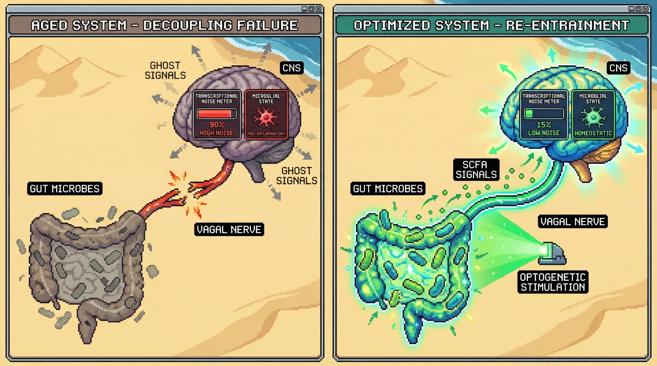 Infographic for: The Vagal Desynchronization Hypothesis: Age-Related Transcriptional Noise as a 'Free-Running' Response to Gut-Brain Decoupling