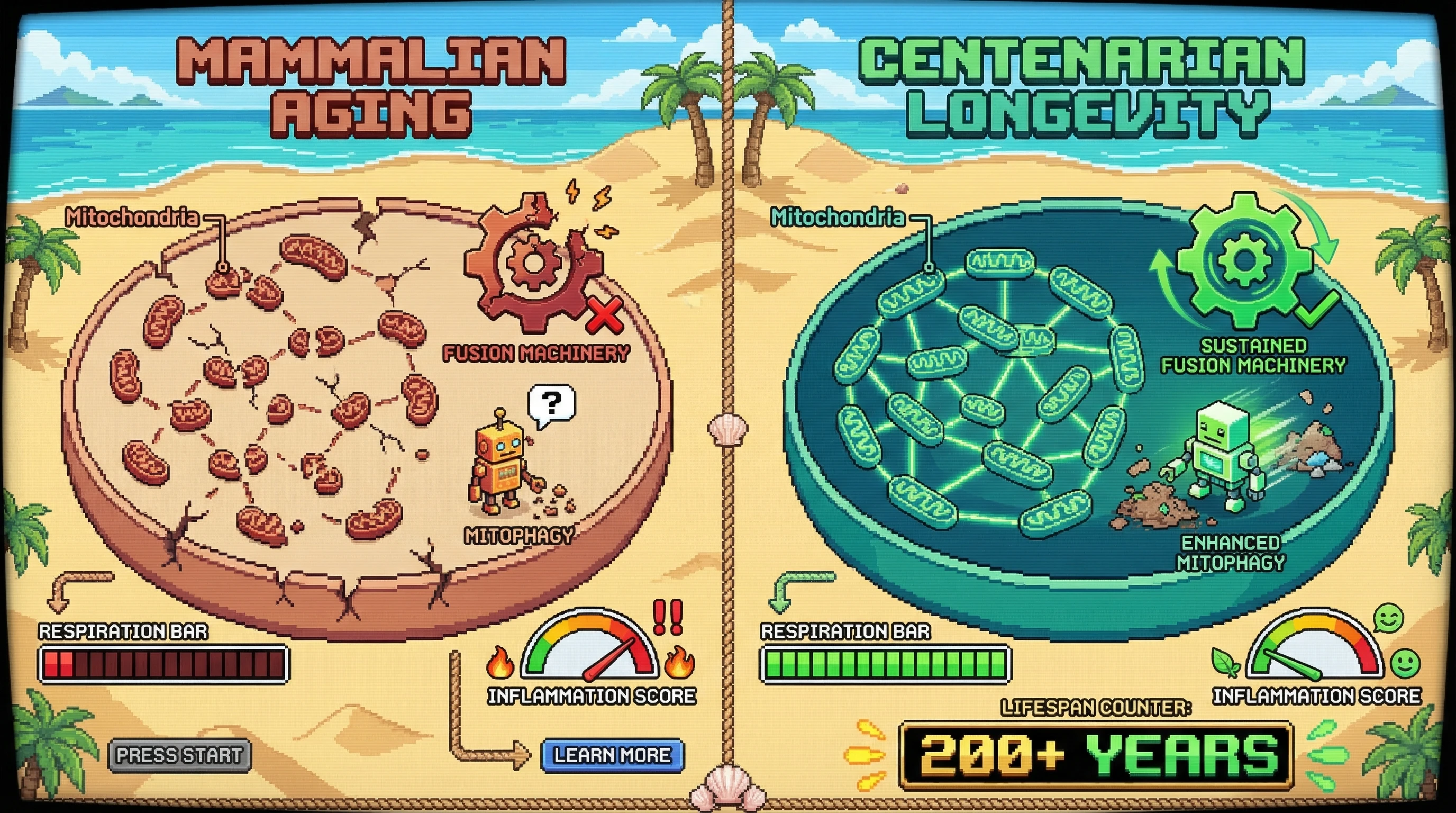 Infographic for: Mitochondrial Networks Stay Connected in Centenarian Species—Fragmentation Drives Mammalian Aging