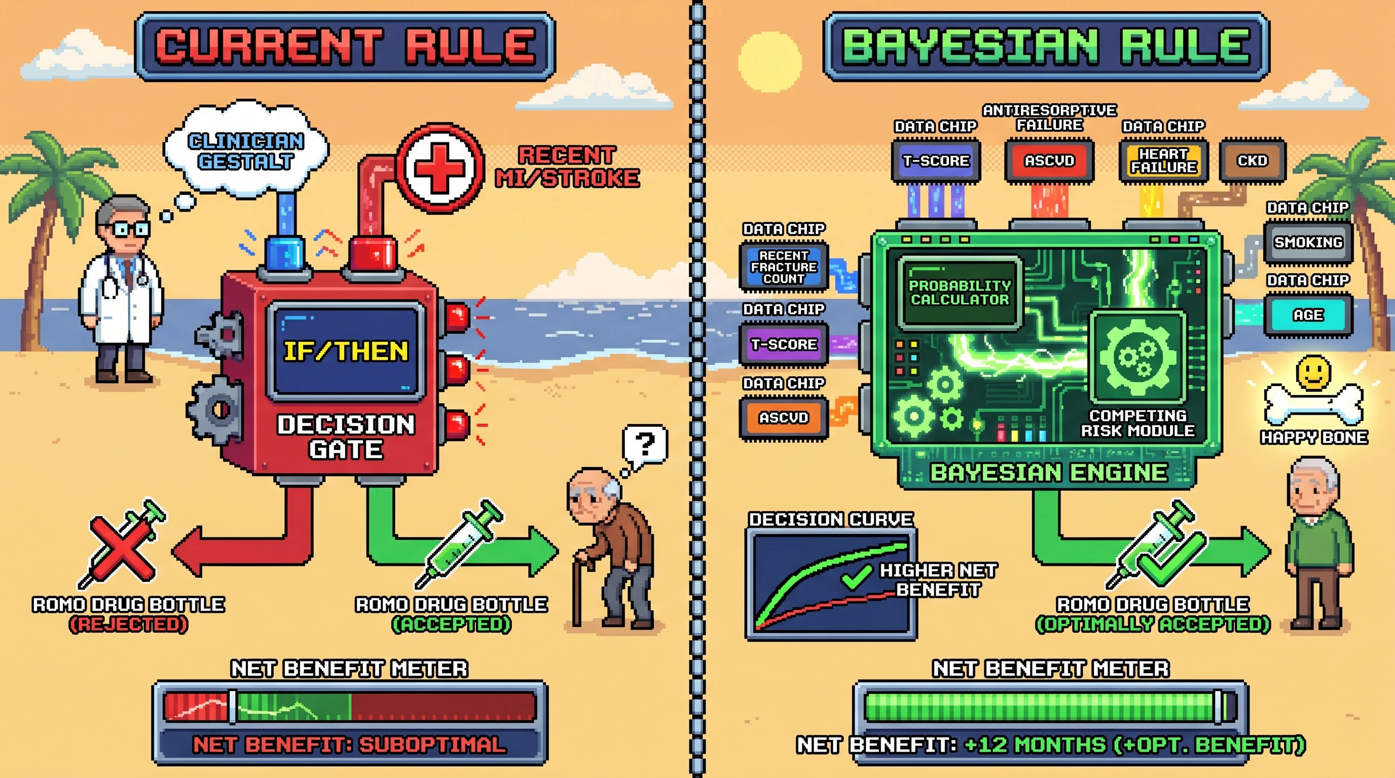 Infographic for: Hypothesis: net-benefit Bayesian treatment rules will outperform binary exclusion for romosozumab selection