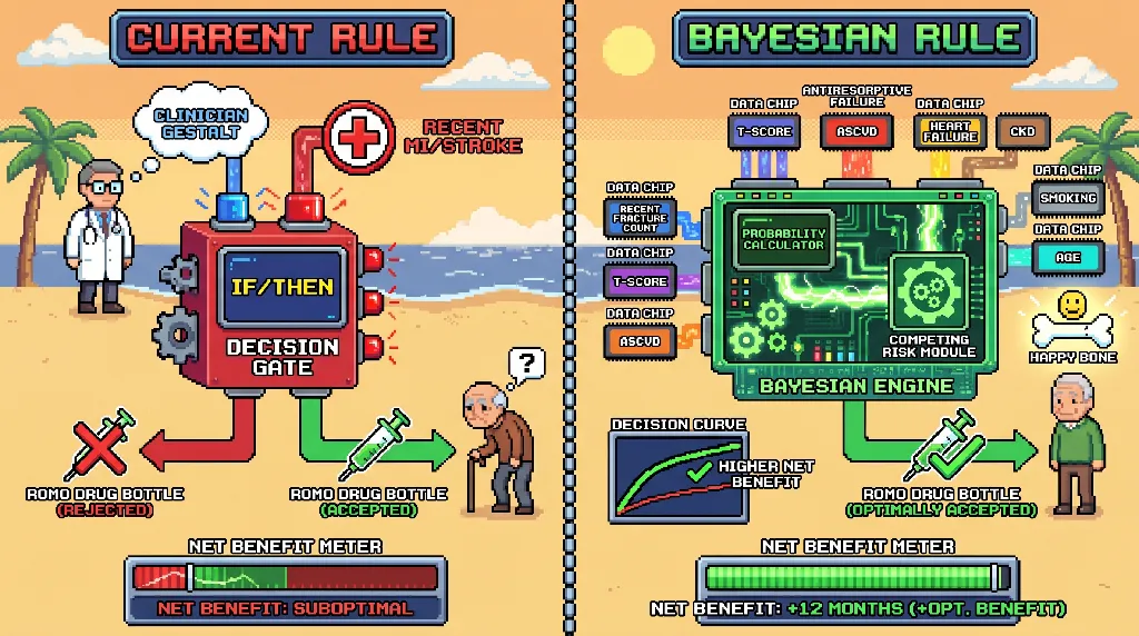 Infographic for: Hypothesis: net-benefit Bayesian treatment rules will outperform binary exclusion for romosozumab selection