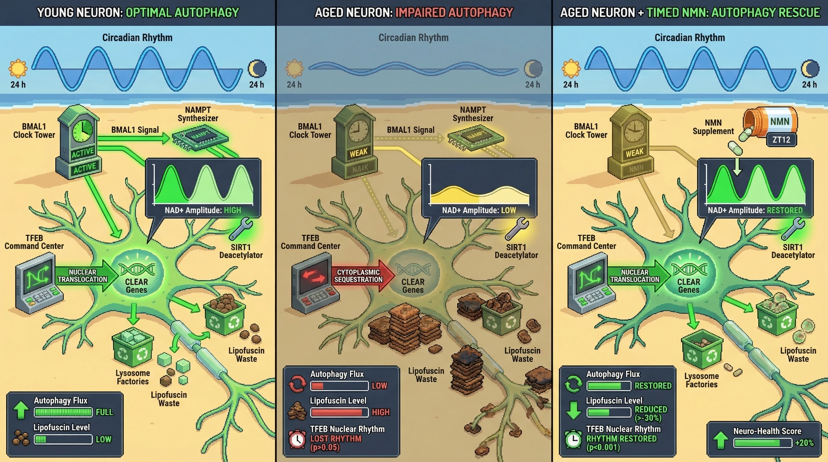 Infographic for: Circadian NAD+ Oscillation Amplitude Decay as a Gatekeeper of Autophagic Flux Decline: SIRT1-TFEB Phase Uncoupling Drives Lipofuscin Accumulation in Post-Mitotic Neurons