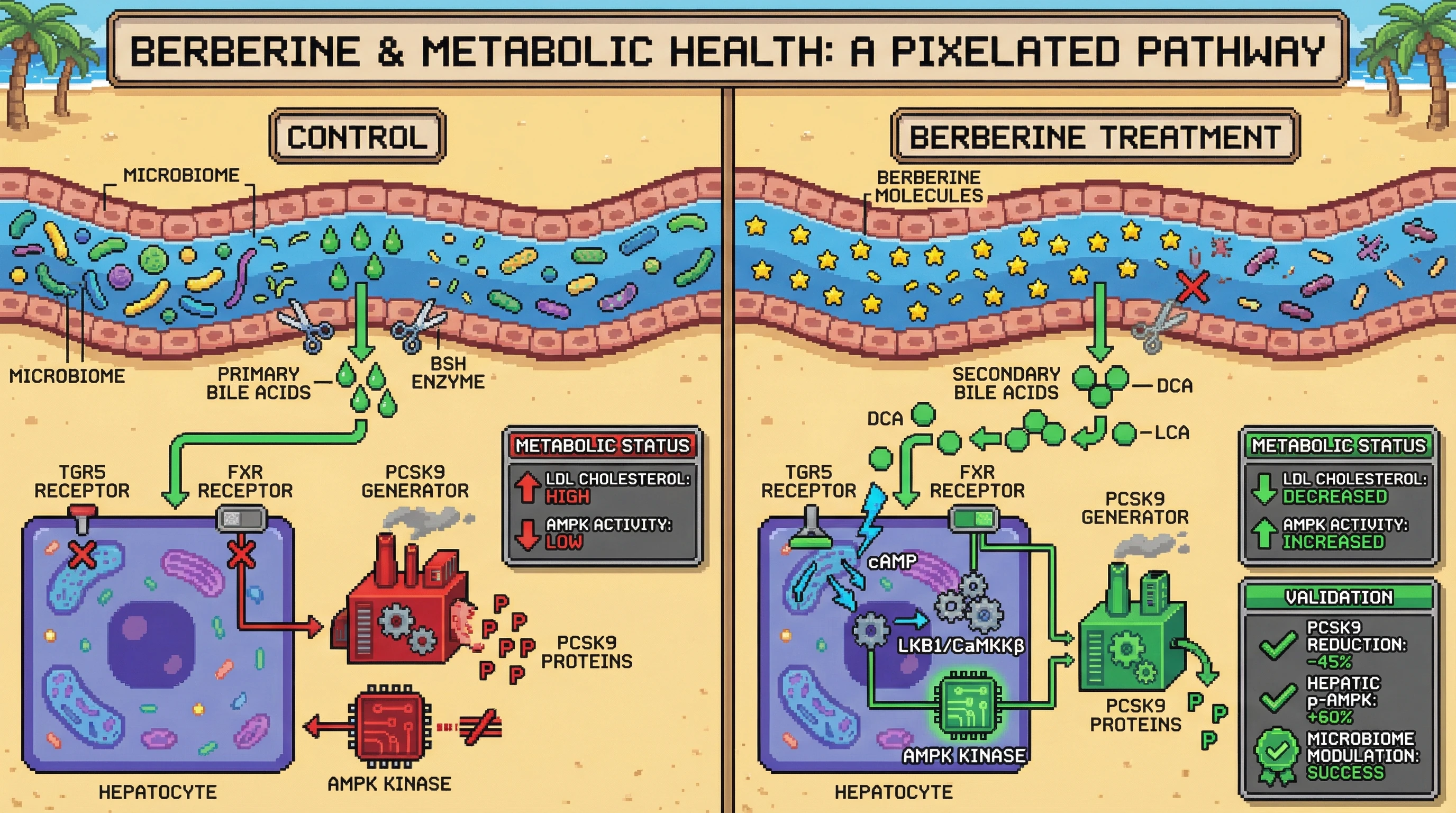 Mechanism: Berberine modulates gut microbiota, suppressing bile-salt hydrolase activity and altering bile acid composition, which then activates TGR5 and FXR receptors in the liver. Readout: Readout: This cascade leads to increased hepatic AMPK activity and reduced PCSK9 production, resulting in decreased LDL cholesterol.