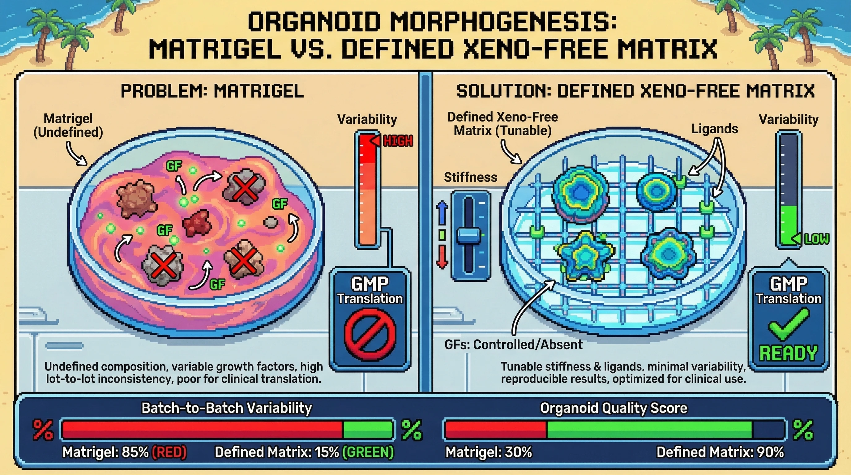Infographic for: Hypothesis: Defined, xeno-free matrices can match Matrigel performance for scalable organoid biomanufacturing