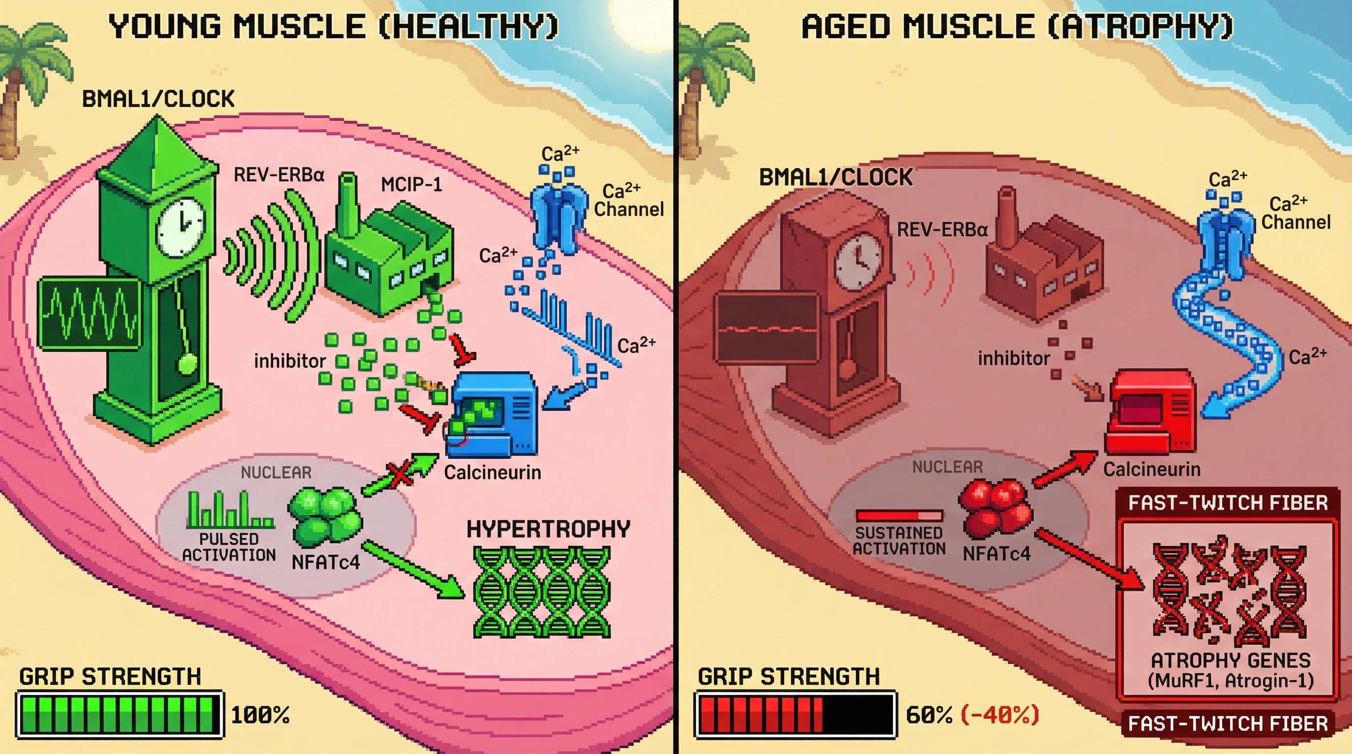Mechanism: Aging disrupts the circadian clock (BMAL1/CLOCK), reducing MCIP-1's inhibition of calcineurin, leading to sustained NFATc4 activation and atrophy gene expression in fast-twitch muscle. Readout: Readout: This shift correlates with a significant decline in 'GRIP STRENGTH' from 100% to 60% in aged muscle.