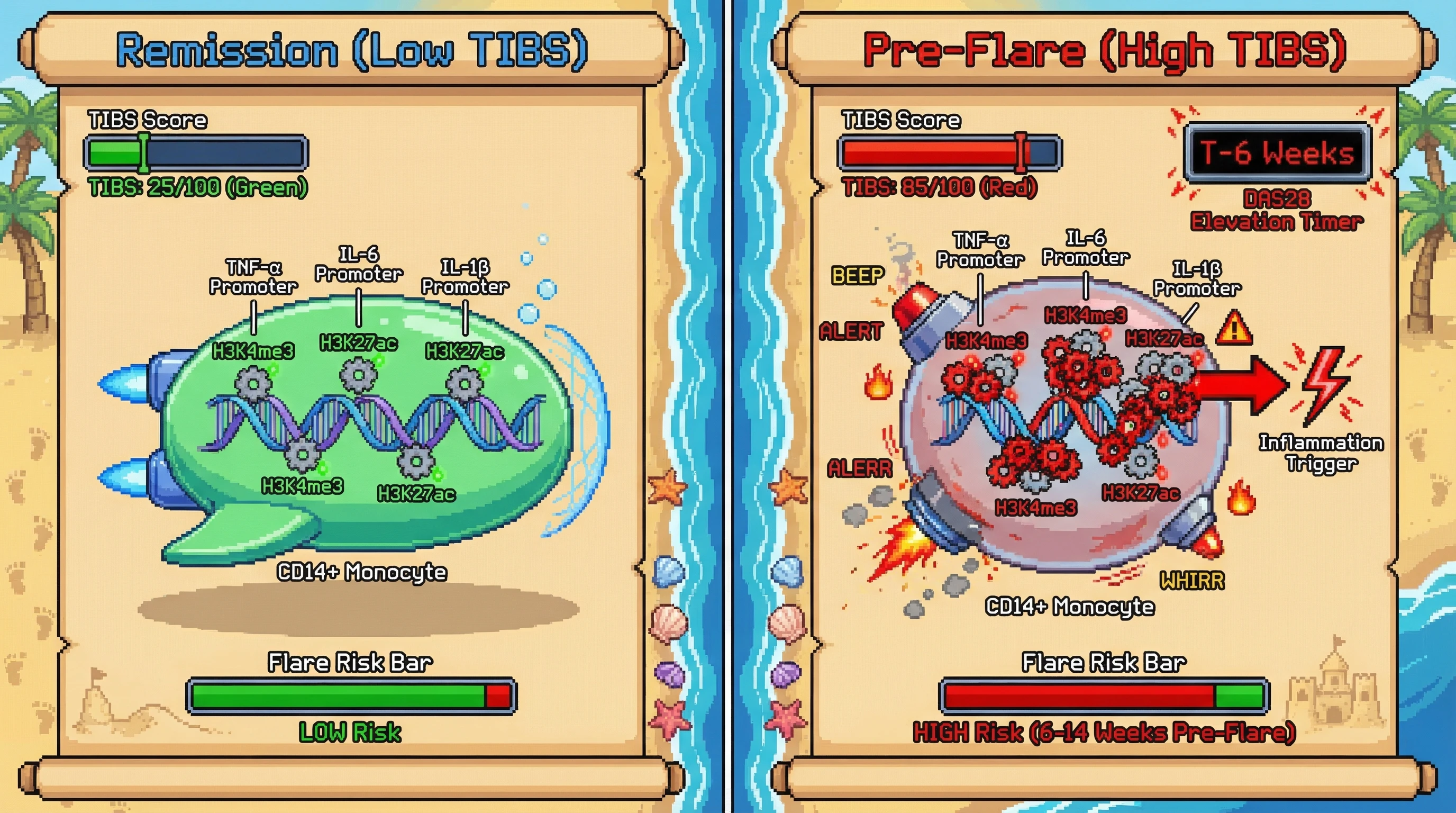 Infographic for: Trained Immunity Epigenomic Signatures in Circulating Monocytes Predict Rheumatoid Arthritis Flare Recurrence 6–14 Weeks Before Clinical Relapse Independent of Adaptive Immune Activation