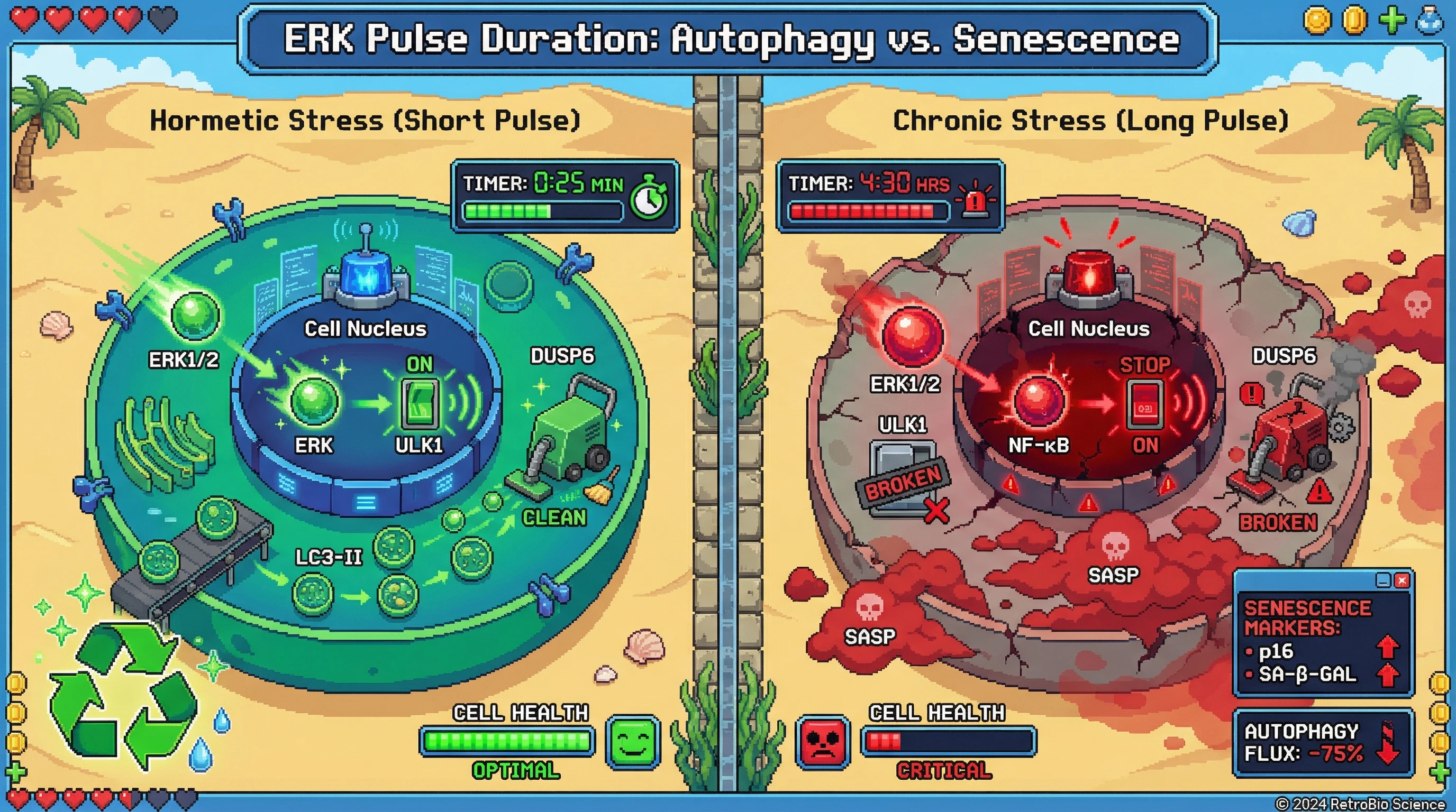 Mechanism: The duration of ERK nuclear residency determines cell fate; short pulses activate autophagy, while prolonged retention induces senescence. Readout: Readout: Hormetic conditions yield robust autophagy and optimal cell health, whereas extended ERK activity leads to decreased autophagy flux (-75%) and increased senescence markers like p16 and SASP.