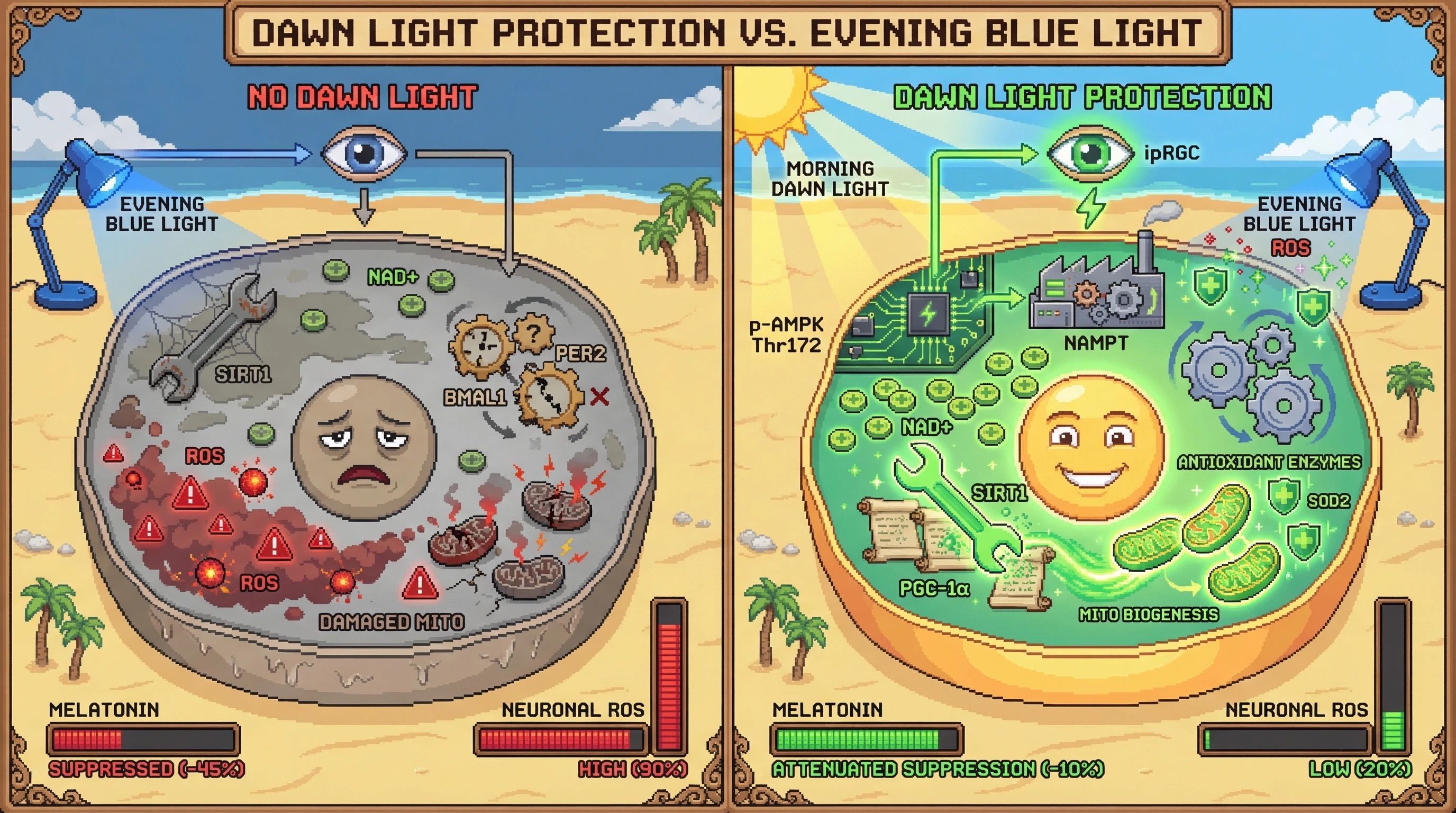 Mechanism: Morning dawn light activates ipRGCs, which signal to activate the AMPK-SIRT1-NAD+ axis, fortifying cellular antioxidant defenses and mitochondrial function. Readout: Readout: This metabolic shield attenuates evening blue-light-induced melatonin suppression and reduces neuronal ROS accumulation.