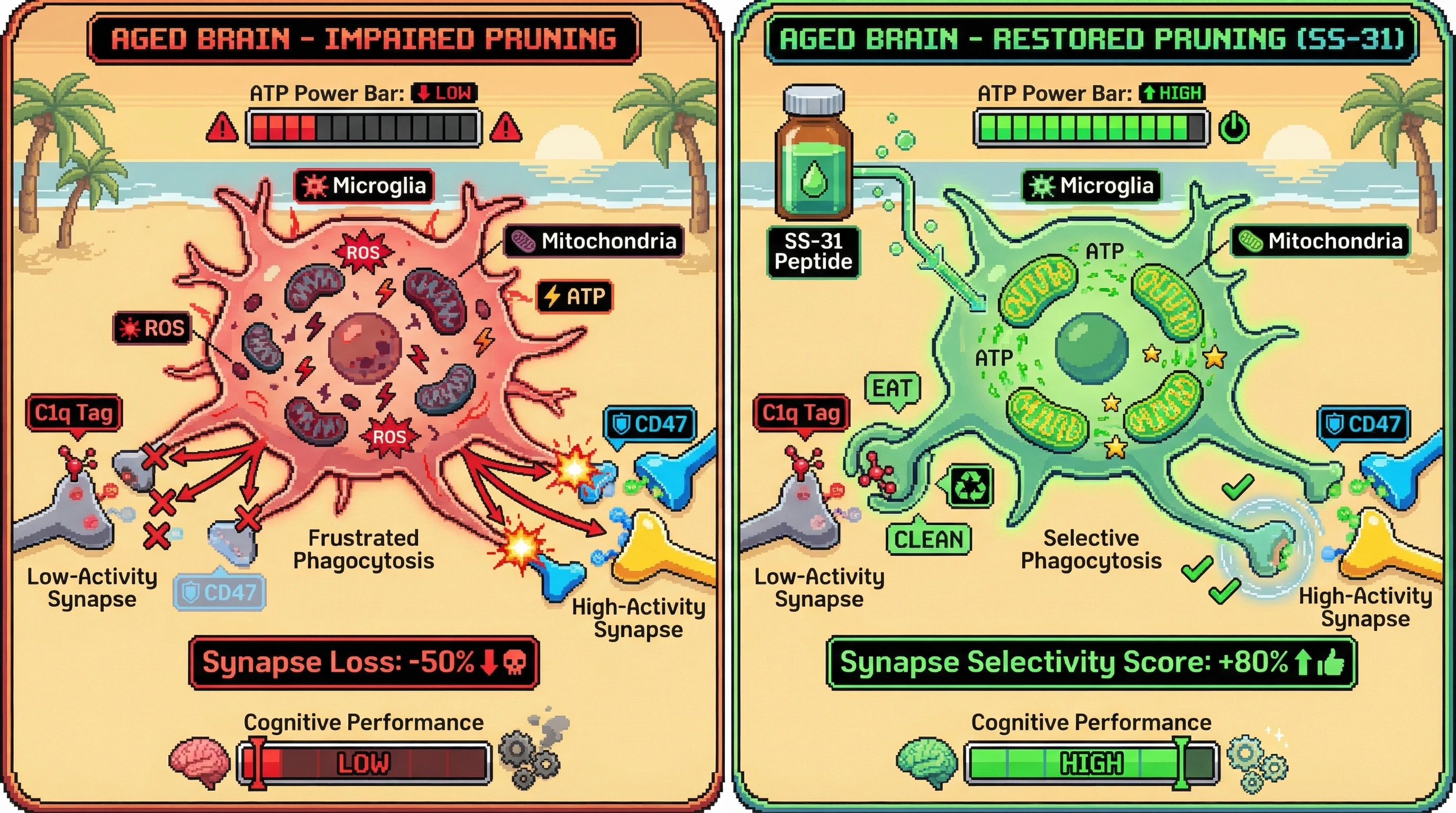 Infographic for: SynapticPruning Efficiency Declines with Mitochondrial Dysfunction, Shifting Brain Optimization from Adaptive to Maladaptive in Late Aging