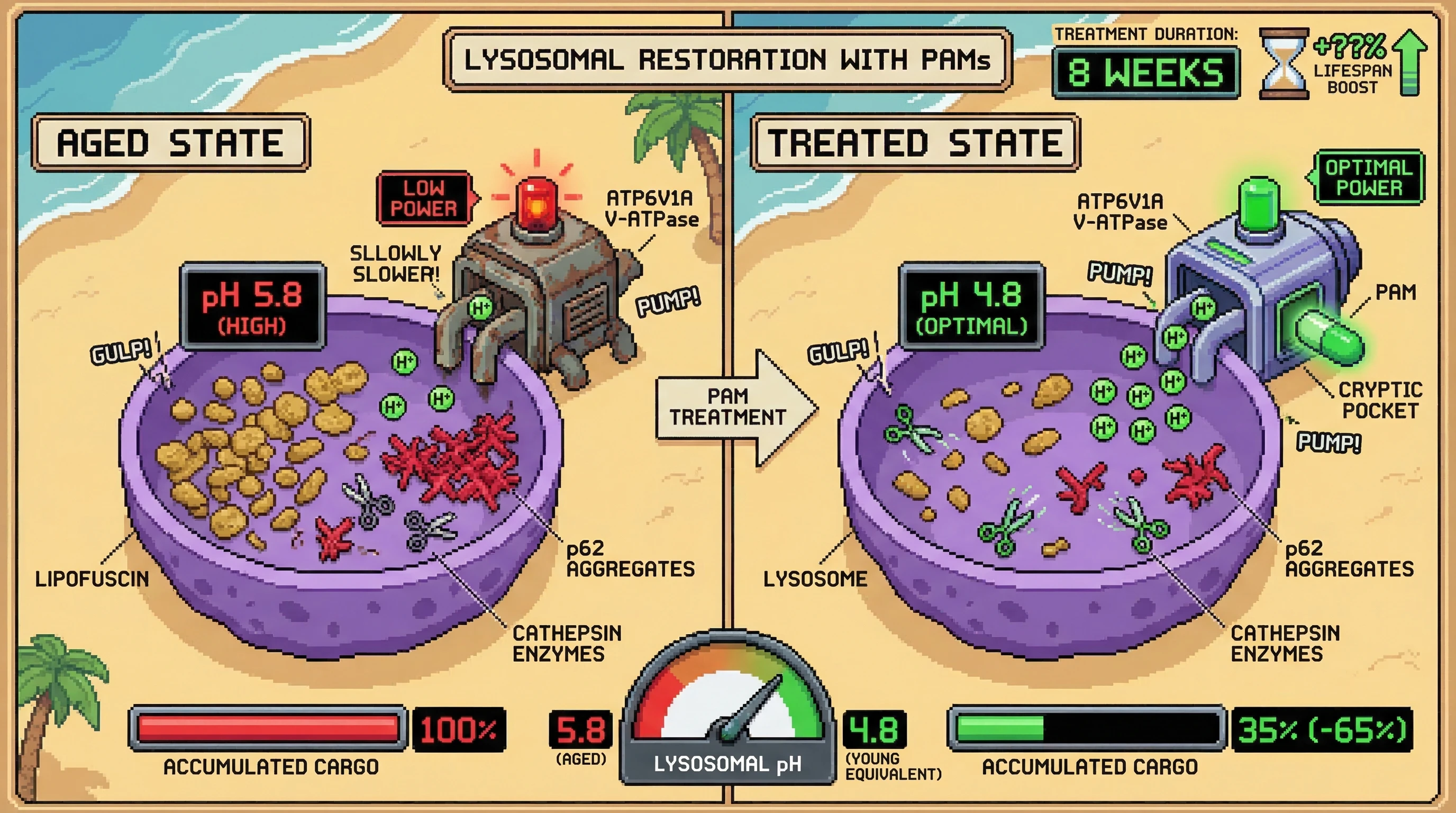 Mechanism: Novel PAMs activate the aged ATP6V1A V-ATPase, restoring optimal proton pumping and lysosomal acidification. Readout: Readout: Lysosomal pH decreases from 5.8 to 4.8, accumulated lipofuscin and p62 cargo are reduced by over 60% within 8 weeks.