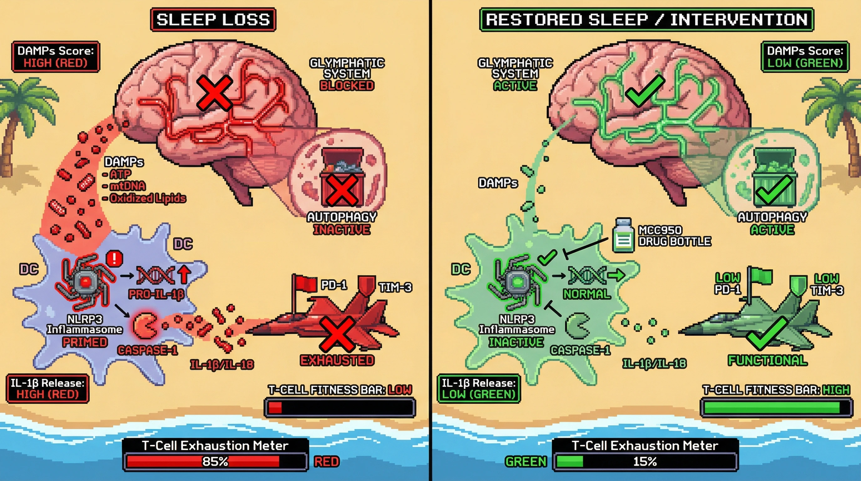 Mechanism: Chronic sleep loss impairs glymphatic and autophagic clearance, leading to DAMP accumulation and NLRP3 inflammasome priming in dendritic cells. Readout: Readout: This results in heightened IL-1β/IL-18 release, driving CD8+ T-cell exhaustion markers (PD-1, TIM-3) and reducing T-cell fitness.