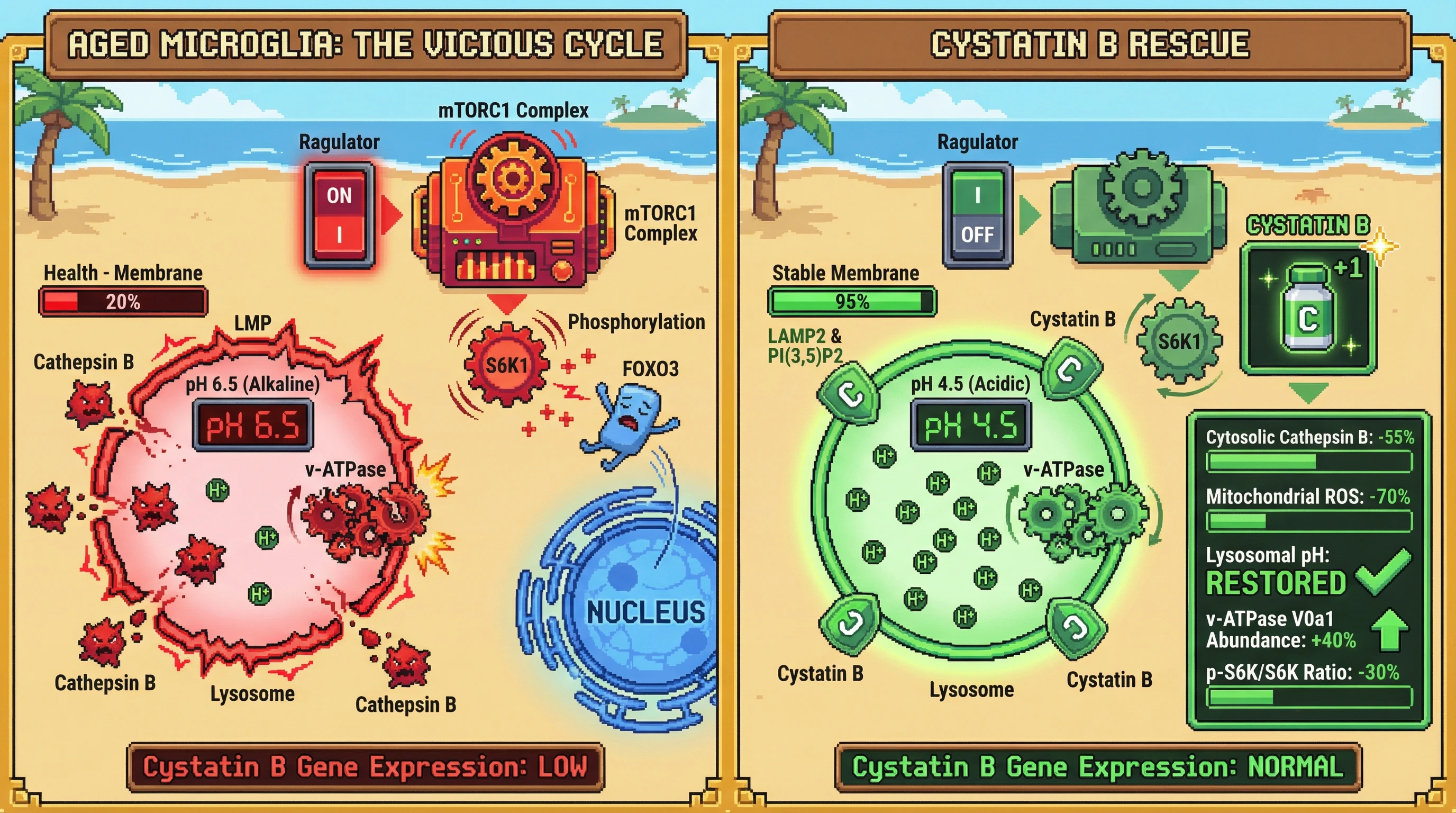 Mechanism: Cystatin B supplementation reseals leaky lysosomal membranes, restores v-ATPase function and acidification, which then dampens mTORC1 hyperactivity. Readout: Readout: This process reduces cytosolic cathepsin leakage, lowers mitochondrial ROS, and decreases p-S6K/S6K ratio in aged microglia.