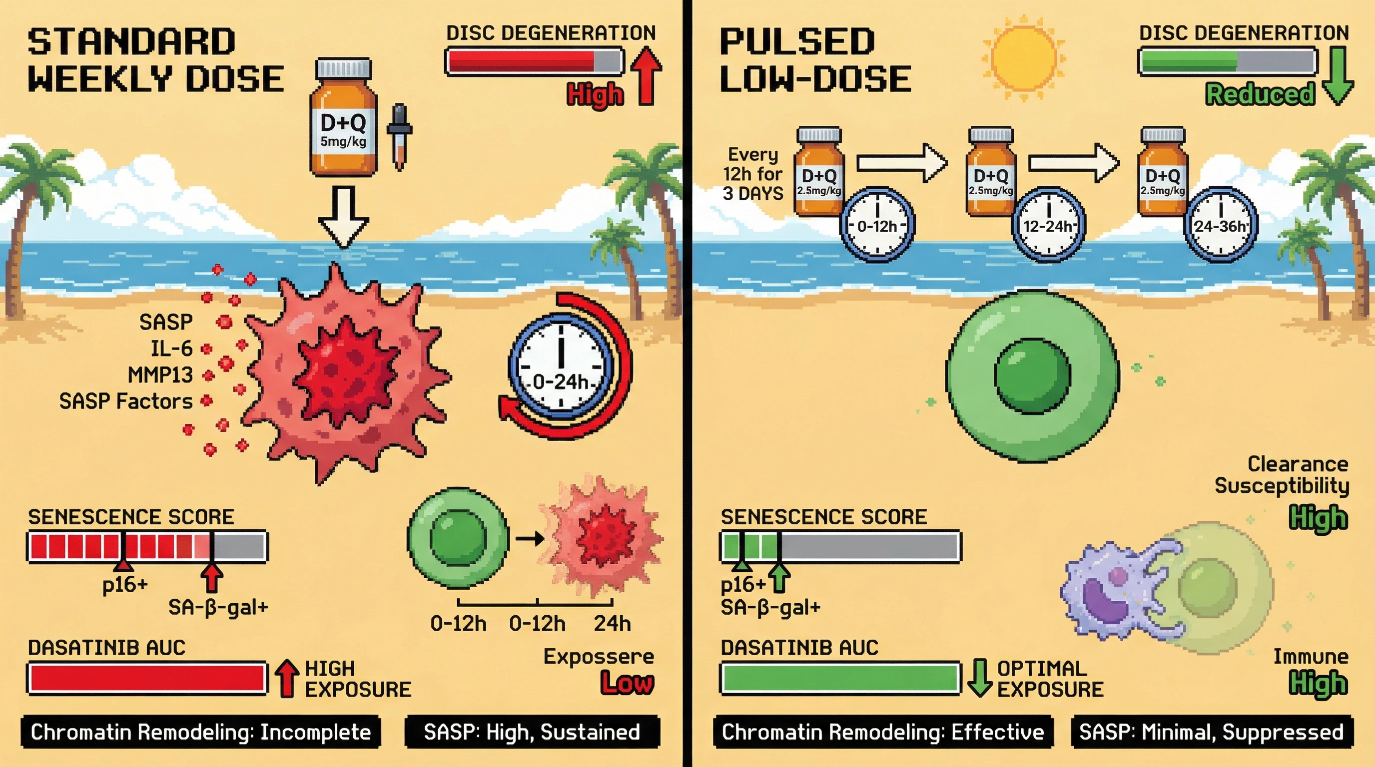 Infographic for: Aligning Dasatinib+Quercetin Dosing with Transient Chromatin Remodeling Kinetics Maximizes Senescent Cell Clearance While Minimizing Dasatinib Exposure
