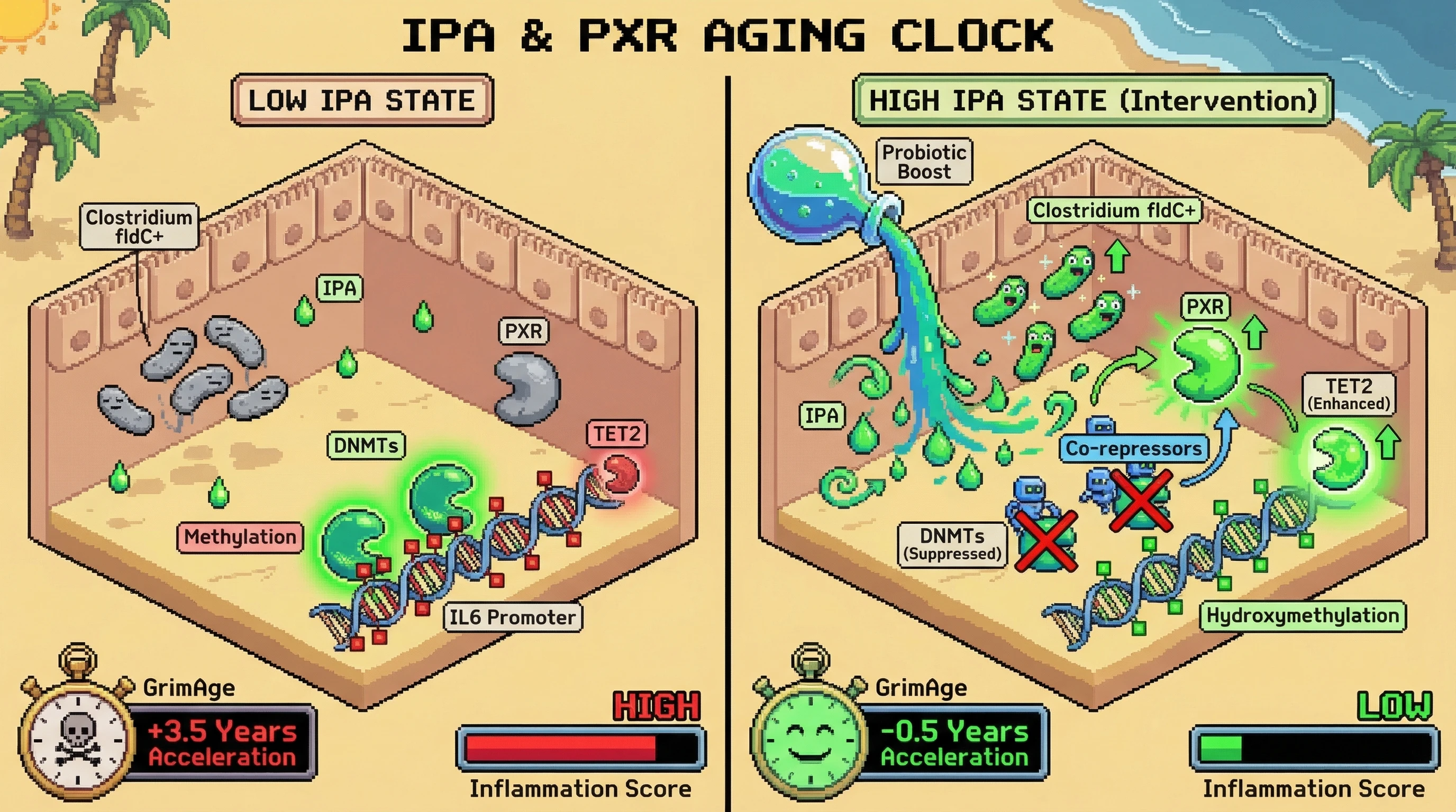 Mechanism: Indole-3-propionic acid (IPA) activates PXR, which then suppresses DNMTs and enhances TET2, leading to hypomethylation of inflammatory genes. Readout: Readout: This epigenetic reprogramming reduces GrimAge acceleration by ≥0.5 years and lowers the inflammation score.