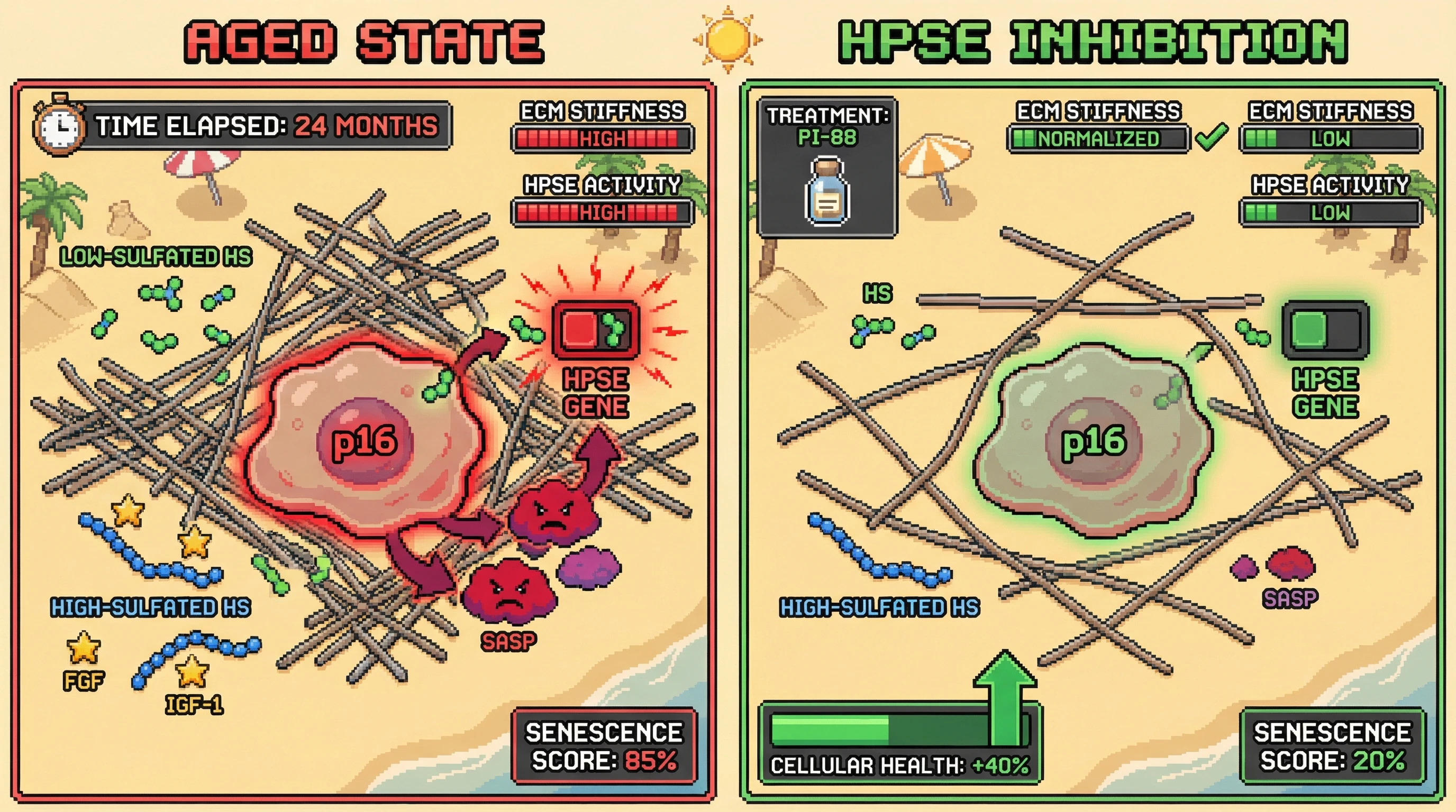 Infographic for: Tissue‑Specific GAG Sulfation Patterns Regulate ECM Stiffness via Heparanase Modulation, Driving a Feed‑Forward Loop of Cellular Senescence in Aging