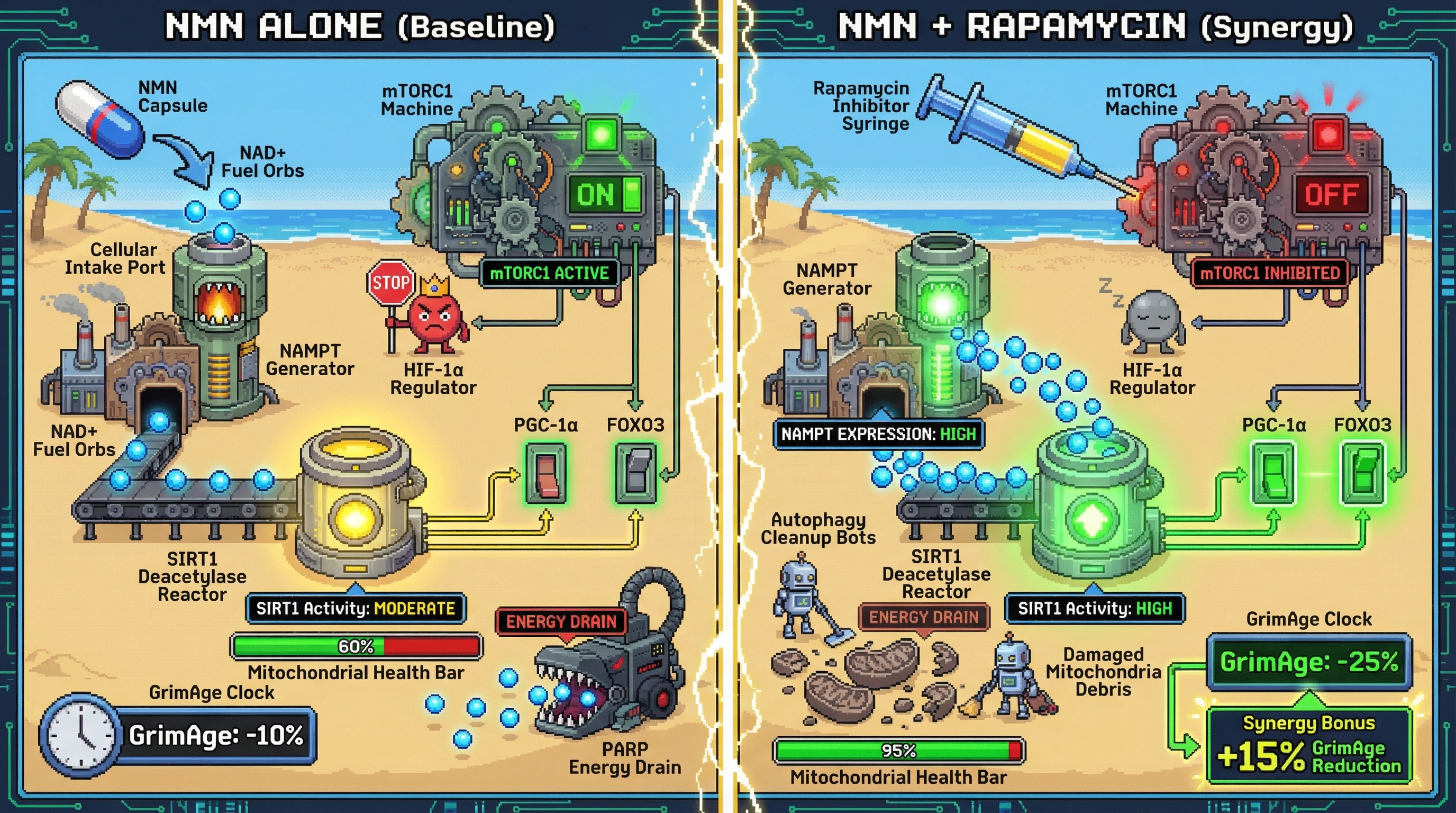 Infographic for: Intermittent rapamycin amplifies NAD+ precursor effects on epigenetic aging via SIRT1‑mTORC1 crosstalk