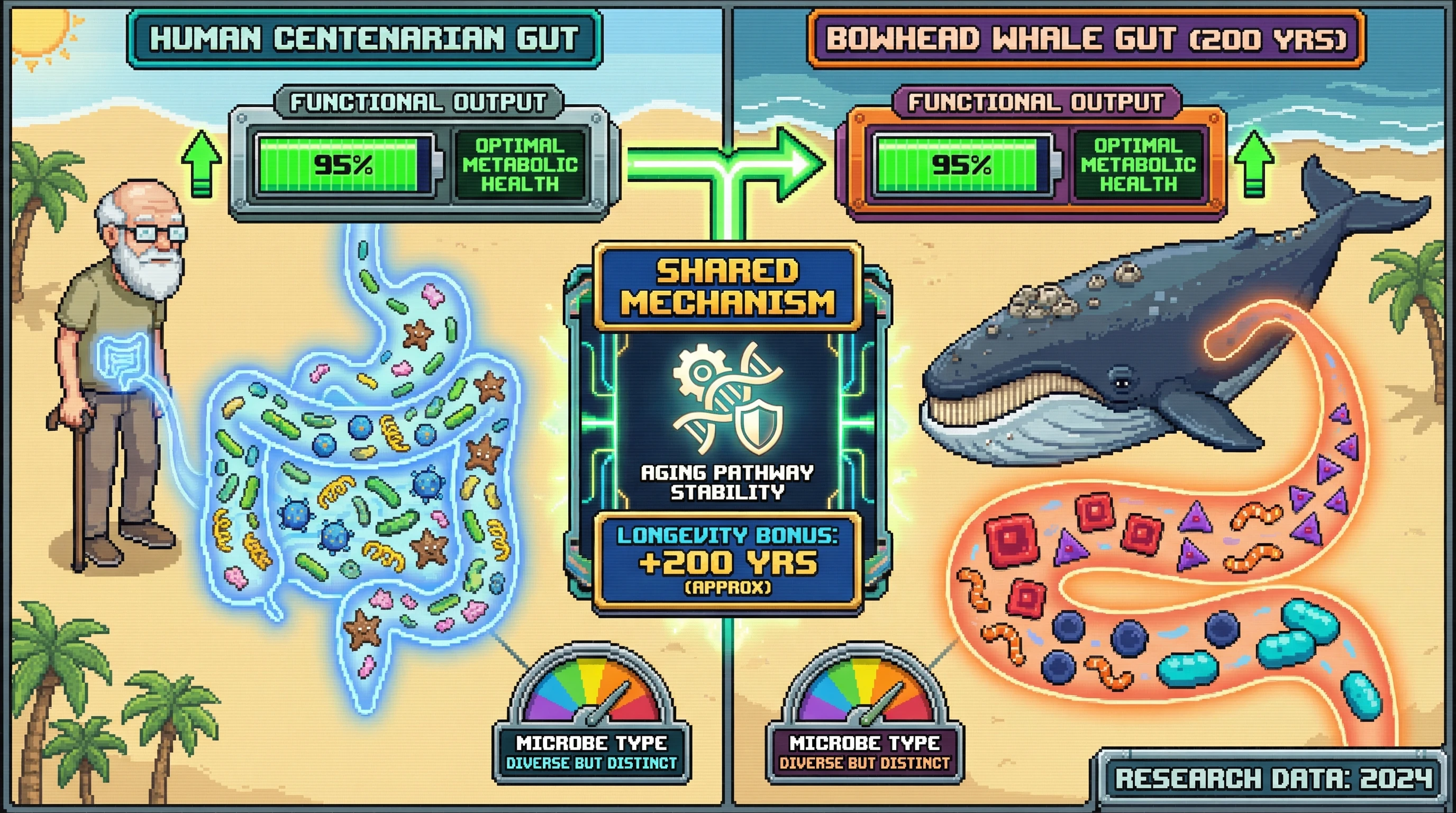 Infographic for: Centenarians and 200-year-old whales share unexpected microbiome patterns