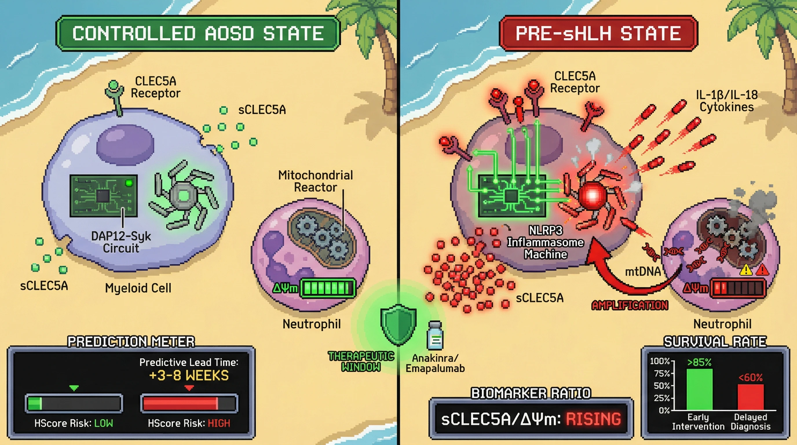 Mechanism: Rising sCLEC5A from myeloid cells and declining neutrophil mitochondrial membrane potential (ΔΨm) indicate escalating innate immune priming and mitochondrial stress. Readout: Readout: This composite biomarker predicts sHLH 3-8 weeks before HScore criteria are met, allowing a therapeutic intervention window.