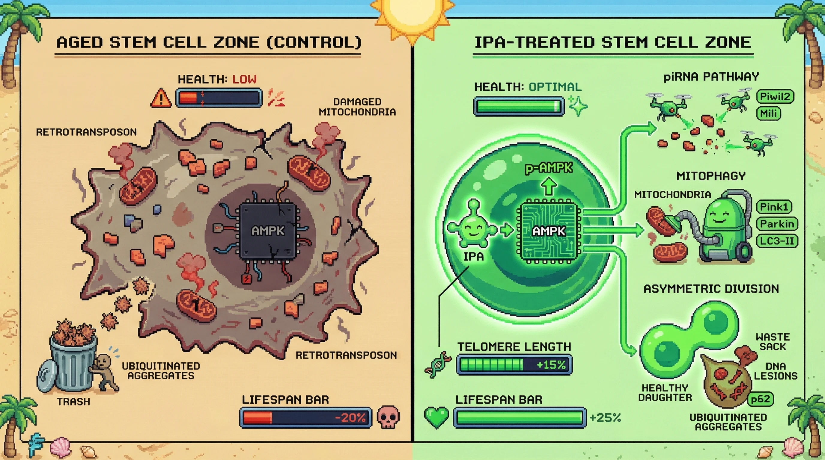 Mechanism: Gut-derived IPA activates AMPK in somatic stem cells, triggering a germline-like quality control program that includes piRNA-mediated transposon silencing, mitophagy, and asymmetric damage segregation. Readout: Readout: This process leads to reduced retrotransposons, lower mitochondrial ROS, increased telomere stability, and an extended median lifespan of +25%.