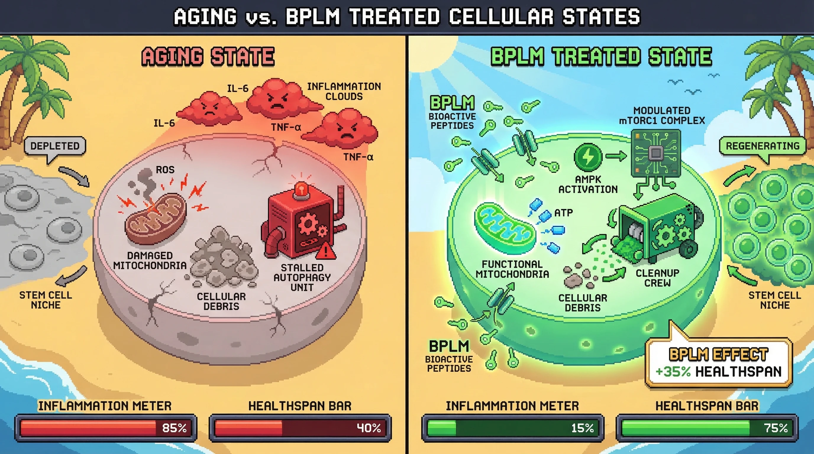 Mechanism: Bioactive Signaling Peptides (BPLM) reduce cellular inflammation and enhance mitochondrial function and autophagy pathways. Readout: Readout: This intervention leads to a significant decrease in inflammation levels and a projected increase in healthspan by 35%.
