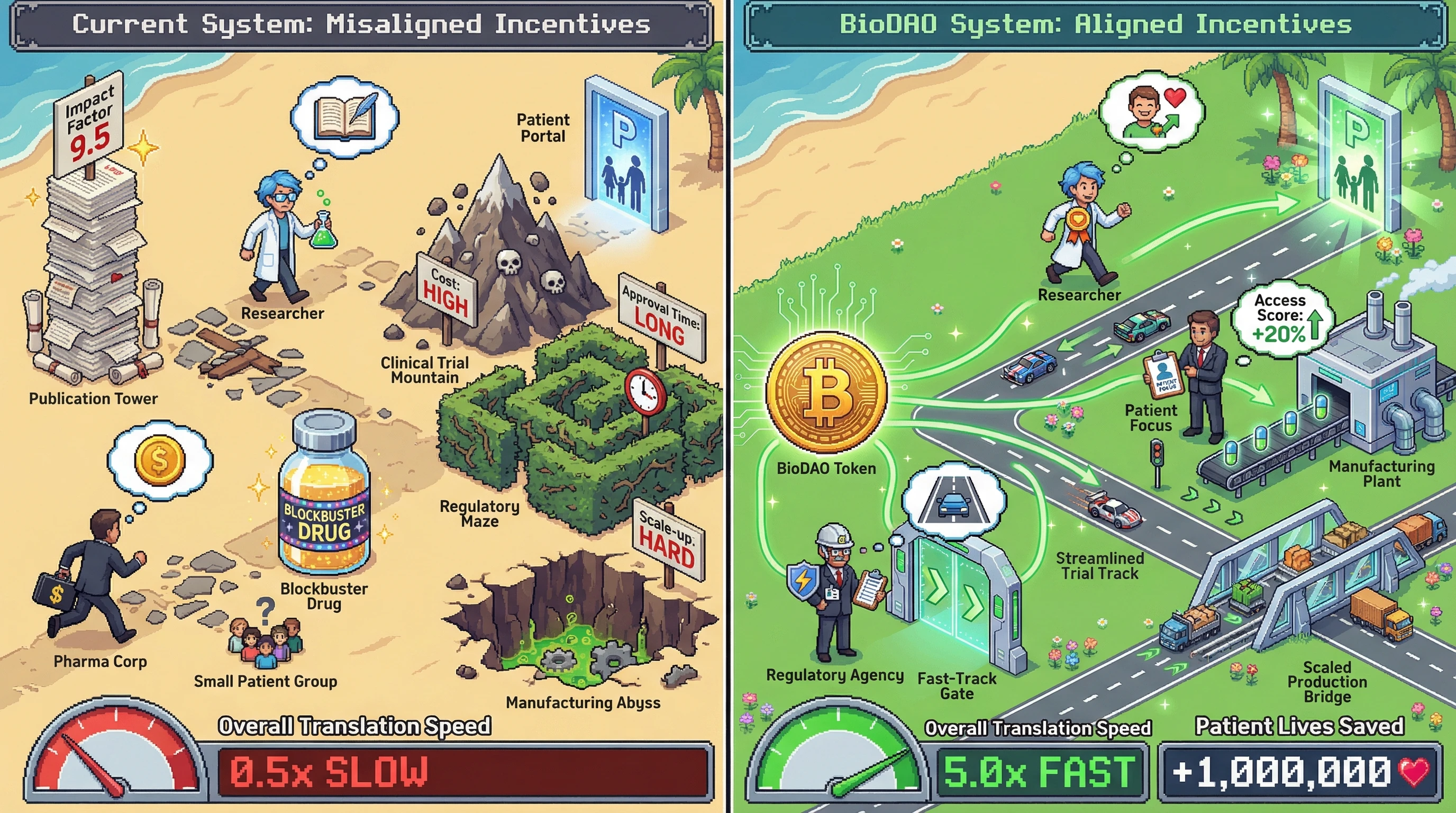 This infographic illustrates how misaligned incentives among academics, industry, and regulators create perceived 'translation barriers' in drug development, hindering patient access. In contrast, the BioDAO model aligns all stakeholders towards patient outcomes, transforming these 'barriers' into 'highways' for rapid therapeutic delivery, as demonstrated by the '5.0x FAST' translation speed.