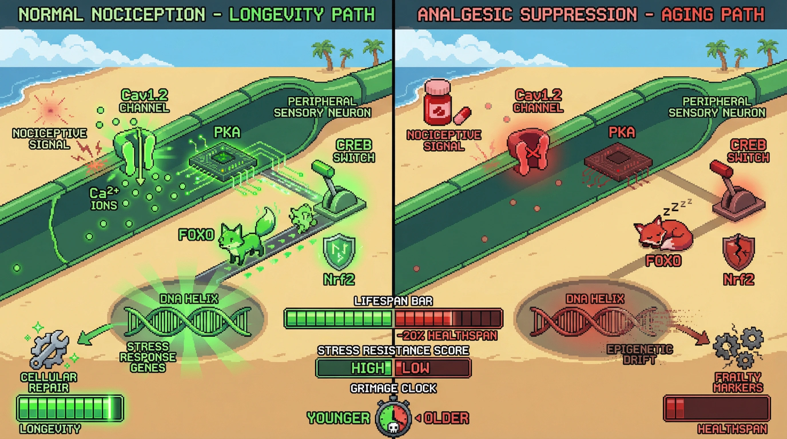 Infographic for: Chronic Analgesic Suppression of Nociceptive Calcium Signaling Accelerates Epigenetic Aging by Dampening CREB‑FOXO Stress‑Response Networks
