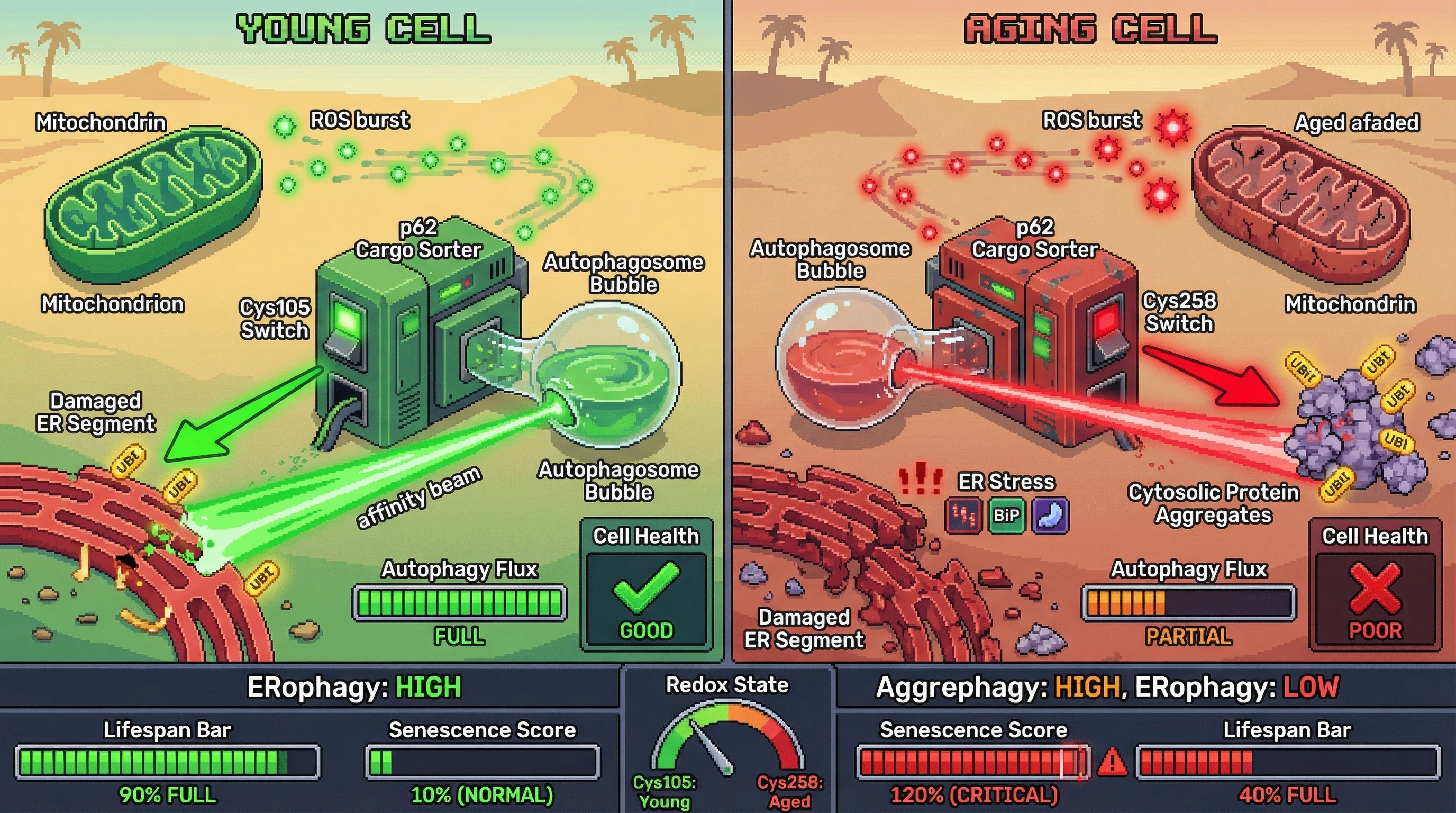 Infographic for: Redox‑Gated Cargo Receptor Switching Determines Autophagy Substrate Hierarchy and Its Collapse Drives Age‑Related Proteostatic Failure