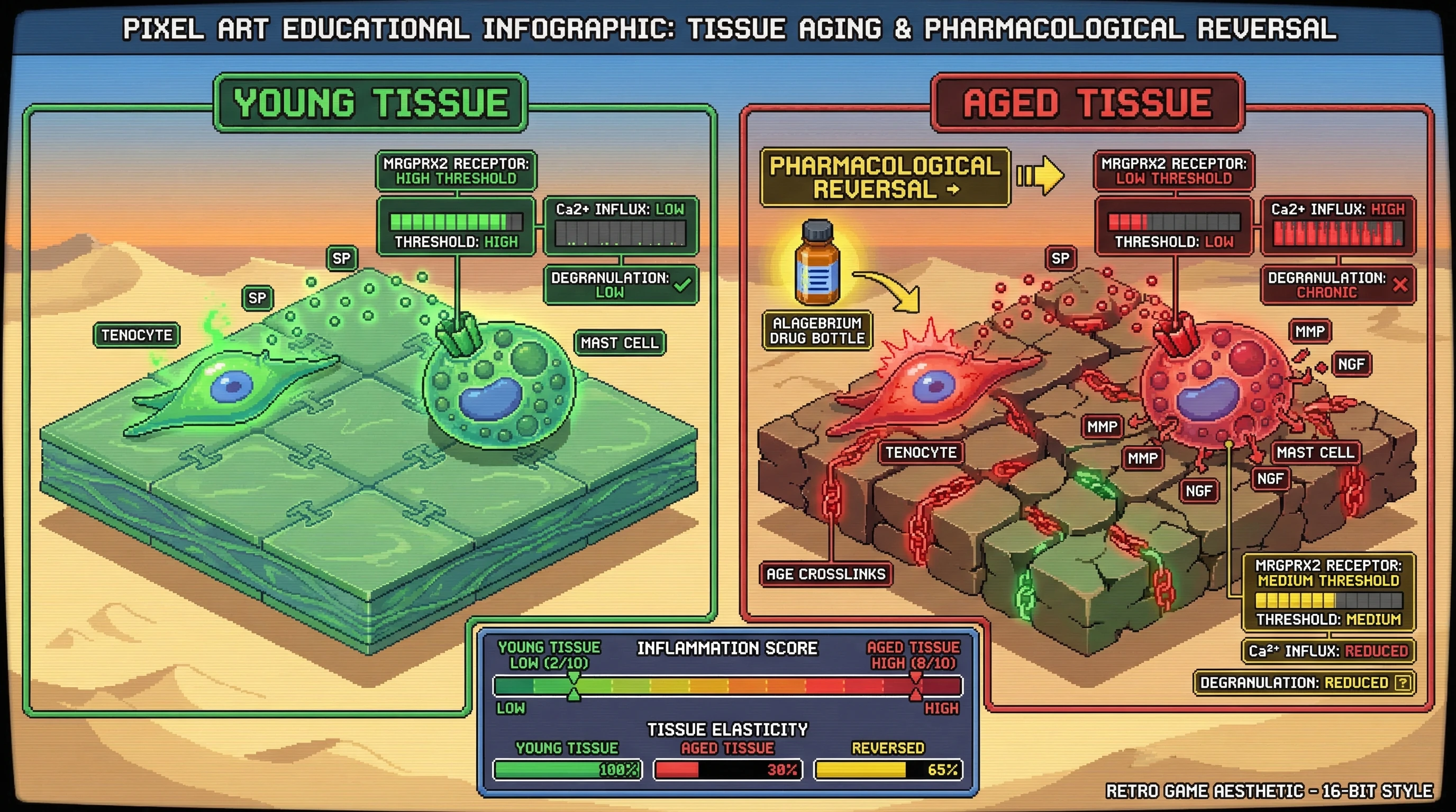 Mechanism: Age-related ECM stiffening, driven by AGEs, lowers the MRGPRX2 activation threshold on mast cells, leading to chronic Substance P-mediated degranulation. Readout: Readout: Pharmacological intervention with Alagebrium restores ECM elasticity, reducing chronic degranulation and lowering the inflammation score from 8/10 to 4/10.