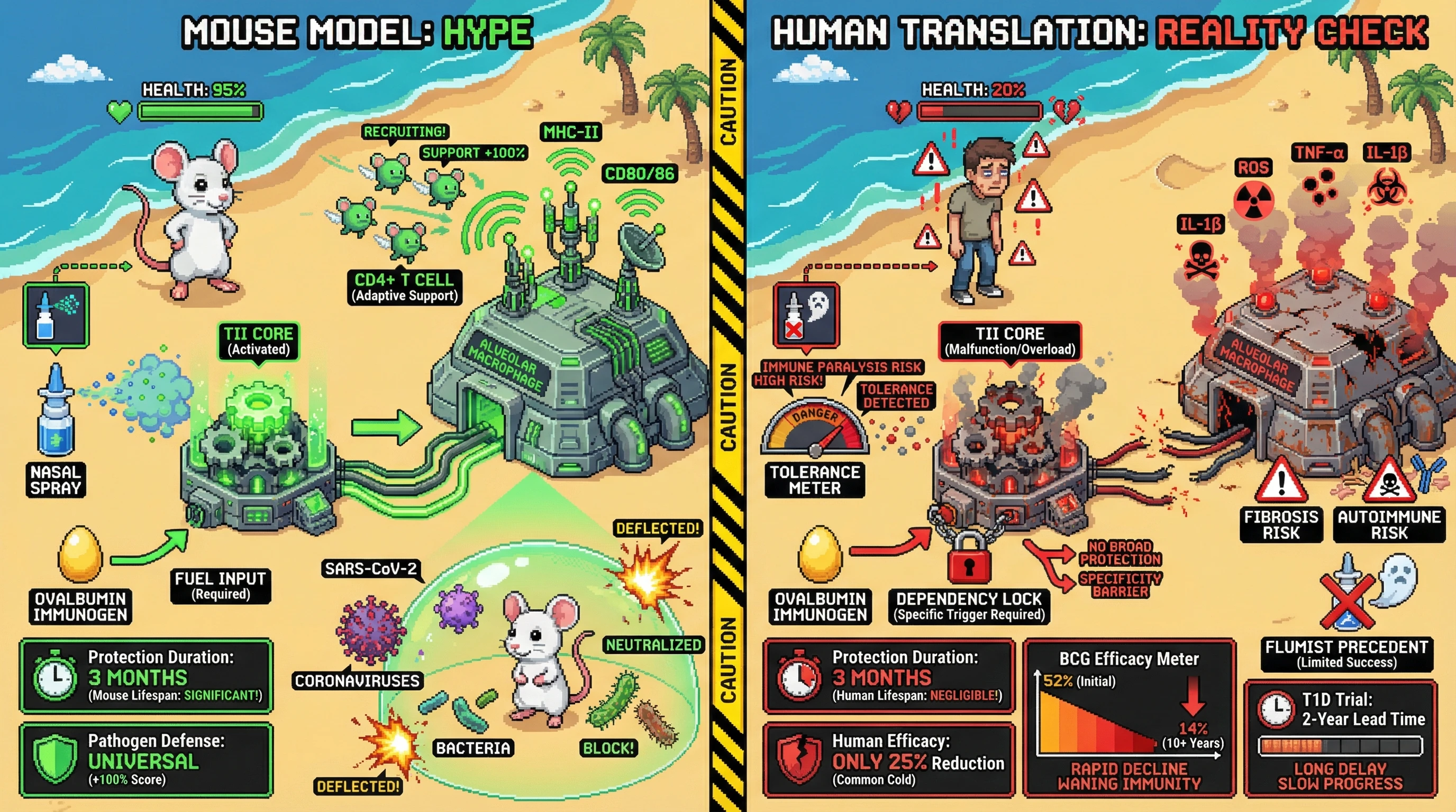 This infographic contrasts the promising but often exaggerated 'Trained Innate Immunity' vaccine results in mice with the significant challenges and potential risks encountered during human translation, highlighting efficacy gaps, duration mismatches, and safety concerns.