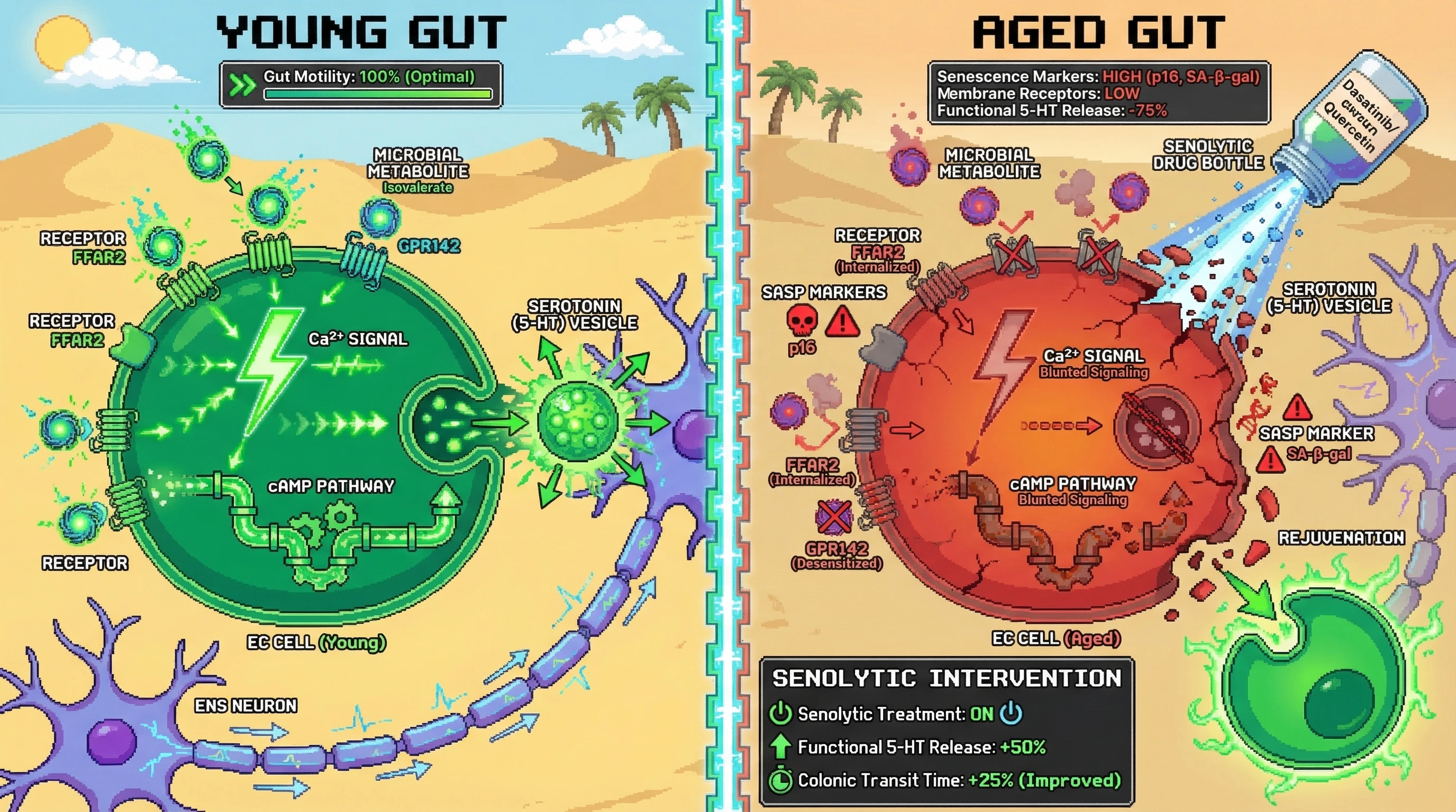 Mechanism: Chronic microbial metabolite exposure causes EC cell receptor desensitization and senescence, leading to blunted functional serotonin release and impaired gut motility. Readout: Readout: Senolytic treatment restores stimulus-evoked serotonin release and improves colonic transit time by 25% without altering total tissue serotonin levels.
