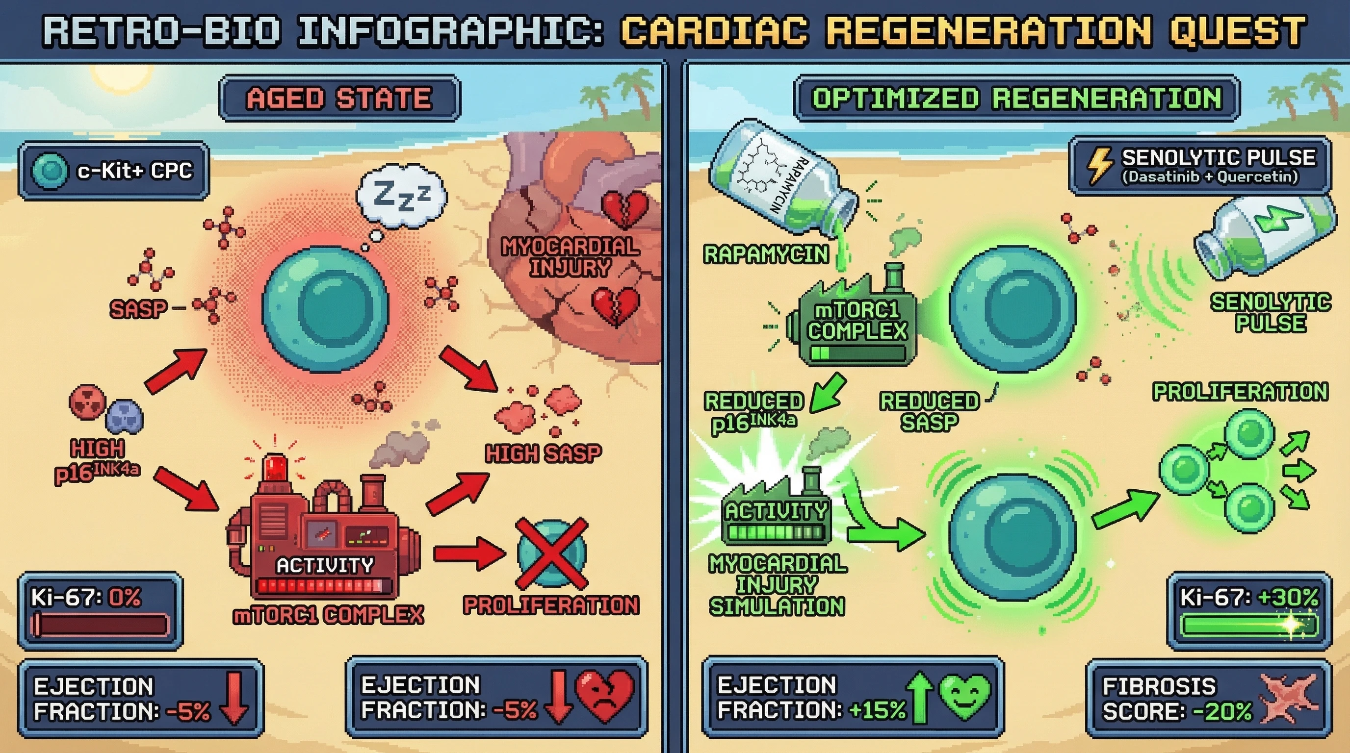 Mechanism: Intermittent mTOR inhibition combined with senolytic pulses clears SASP and allows aged cardiac progenitor cells to proliferate after injury. Readout: Readout: This leads to lower p16INK4a, higher Ki-67+ progenitors, improved ejection fraction by 15%, and reduced fibrosis at 4 weeks post-injury.