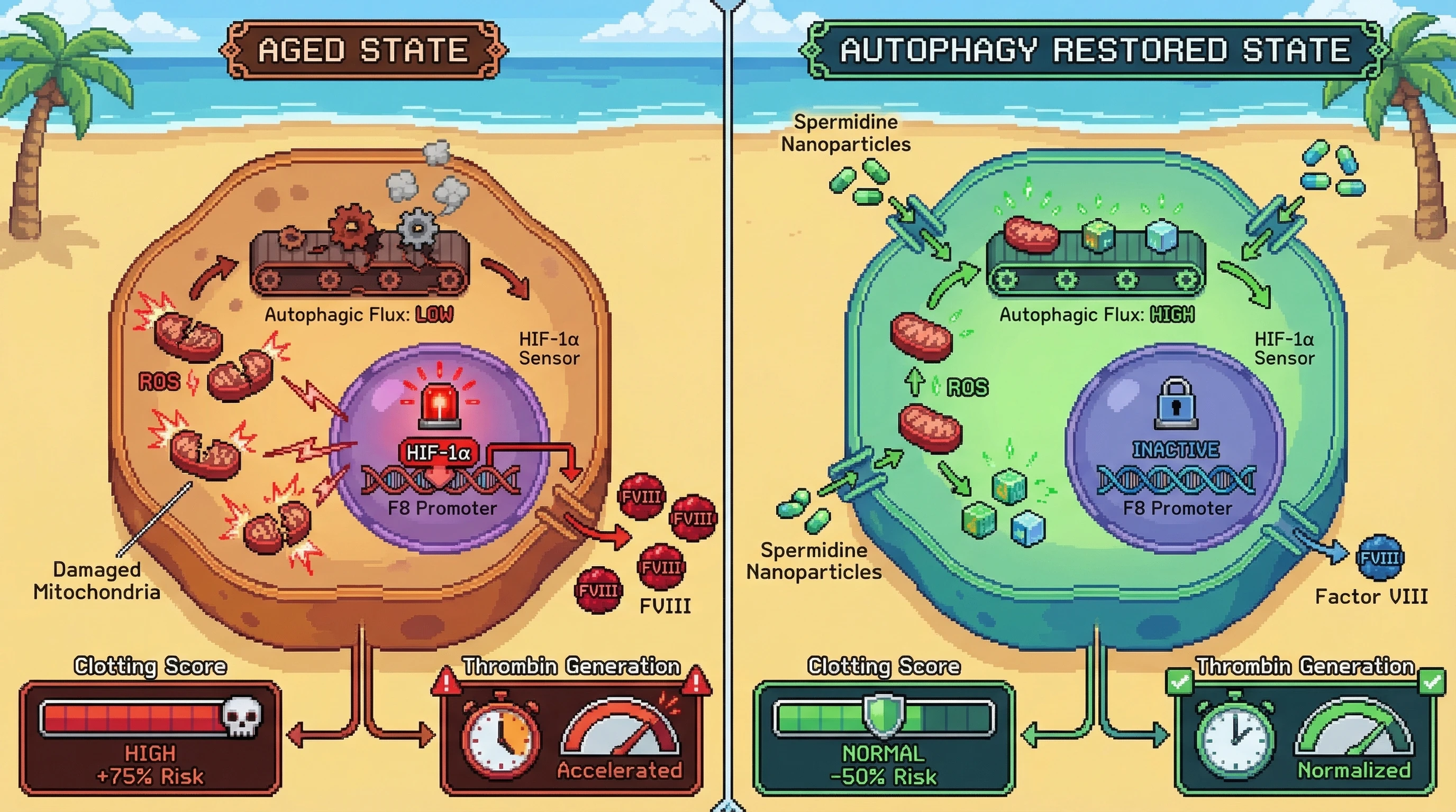 Mechanism: Age-related decline in hepatocyte autophagy increases ROS, stabilizing HIF-1α and upregulating Factor VIII production. Readout: Readout: Restoring autophagy normalizes Factor VIII levels and reduces clotting risk.