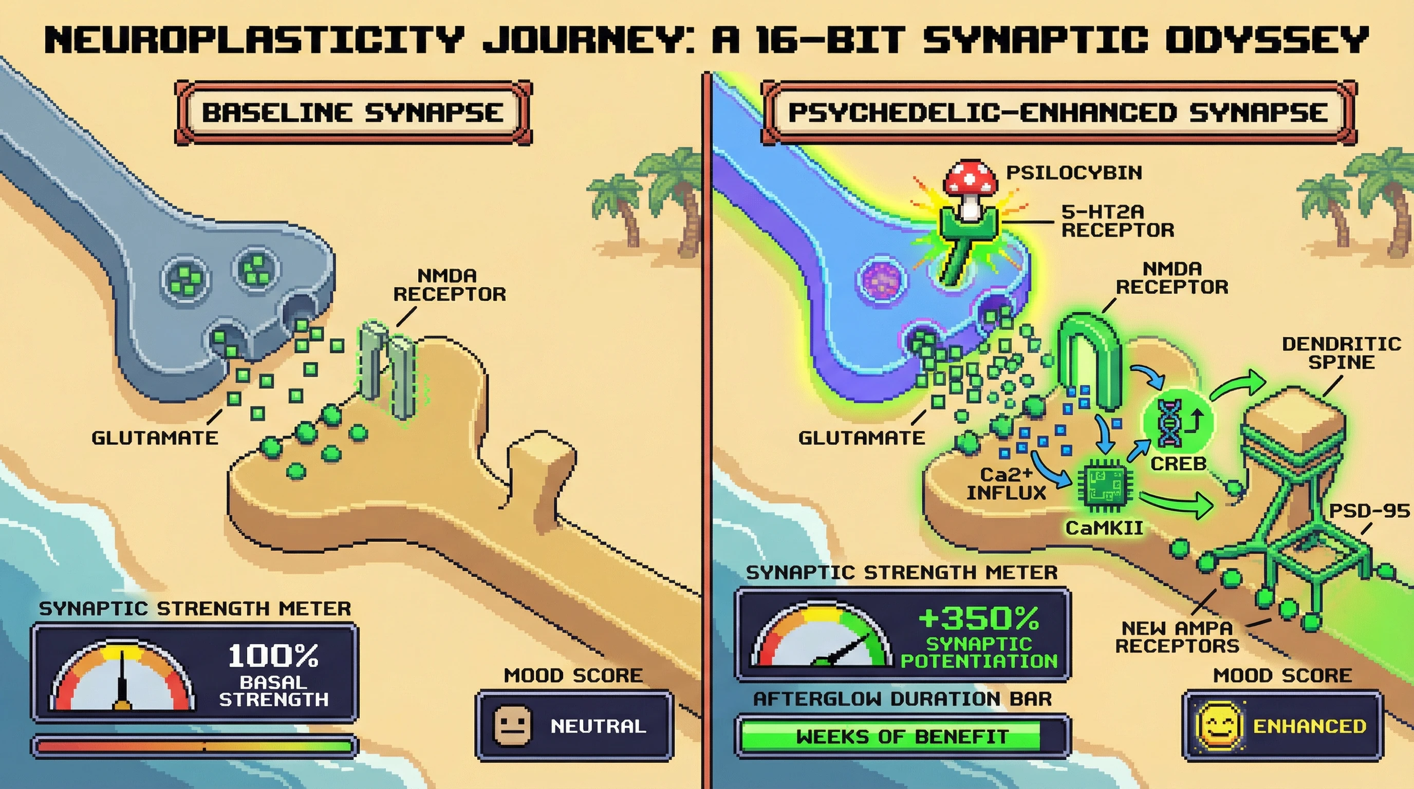 Infographic for: Psychedelic Afterglow as Synaptic Potentiation: LTP-like Mechanisms Explain Persistent Therapeutic Effects