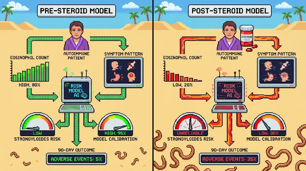 Infographic for: Hypothesis: Pre-steroid screening models will retain better calibration than post-steroid models for Strongyloides risk in autoimmune cohorts