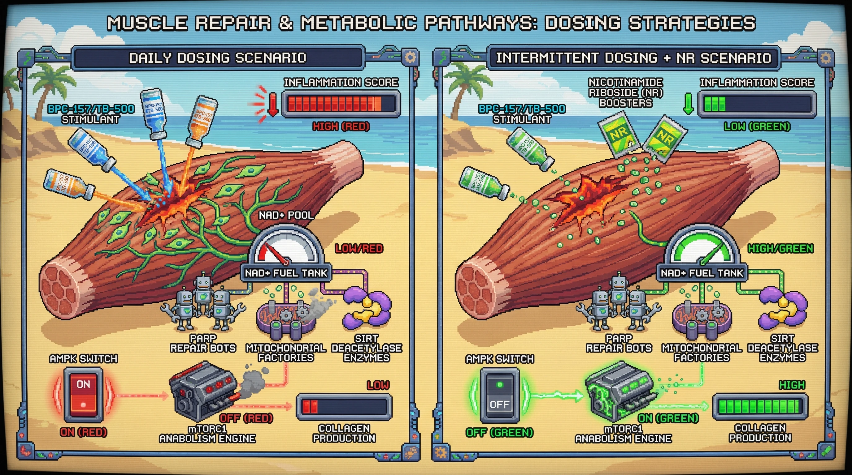 Infographic for: Hypothesis: Peptide‑driven tissue repair creates a transient NAD+ sink that triggers maladaptive metabolic downgrading if sustained