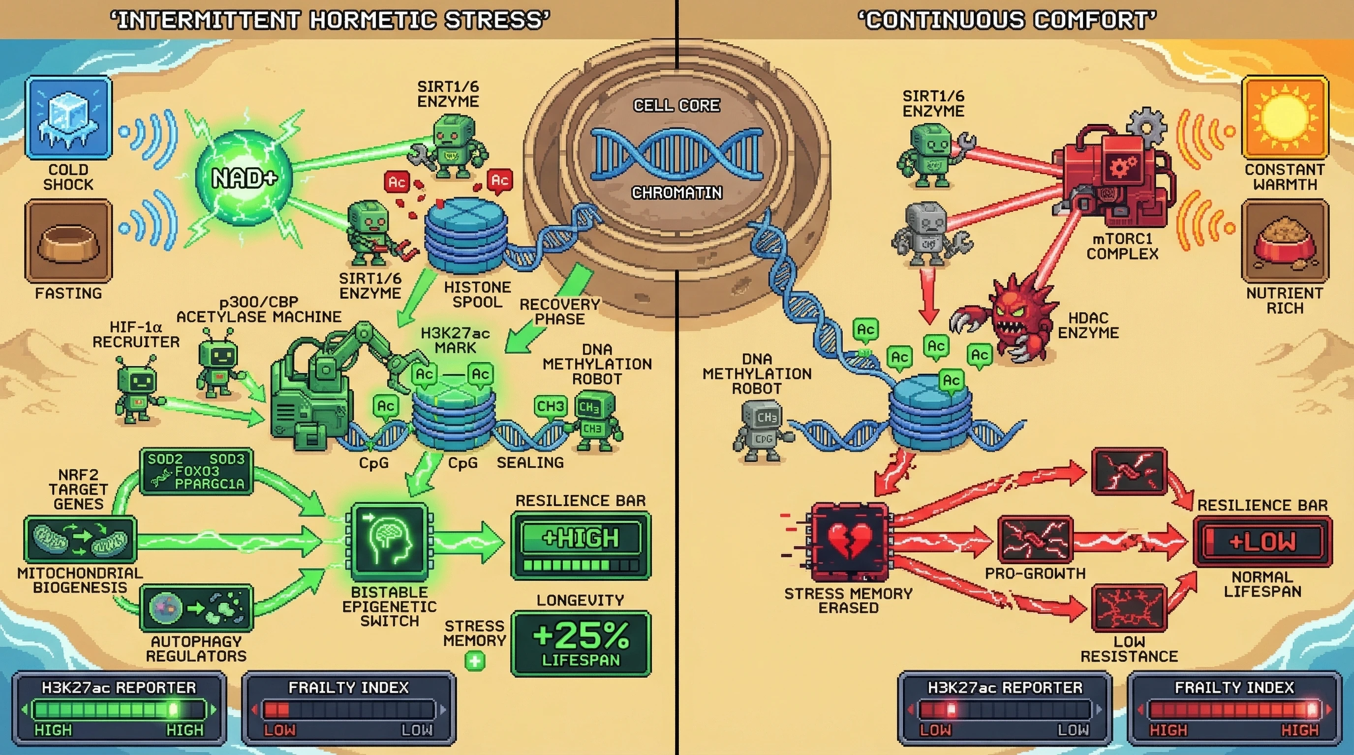 Mechanism: Intermittent hormetic stress triggers NAD+-SIRT activity, leading to stable H3K27ac marks and DNA methylation at protective gene loci, forming an epigenetic stress memory. Readout: Readout: This memory enhances resilience, increases H3K27ac at genes like SOD2, and extends lifespan by up to 25% compared to continuous comfort.