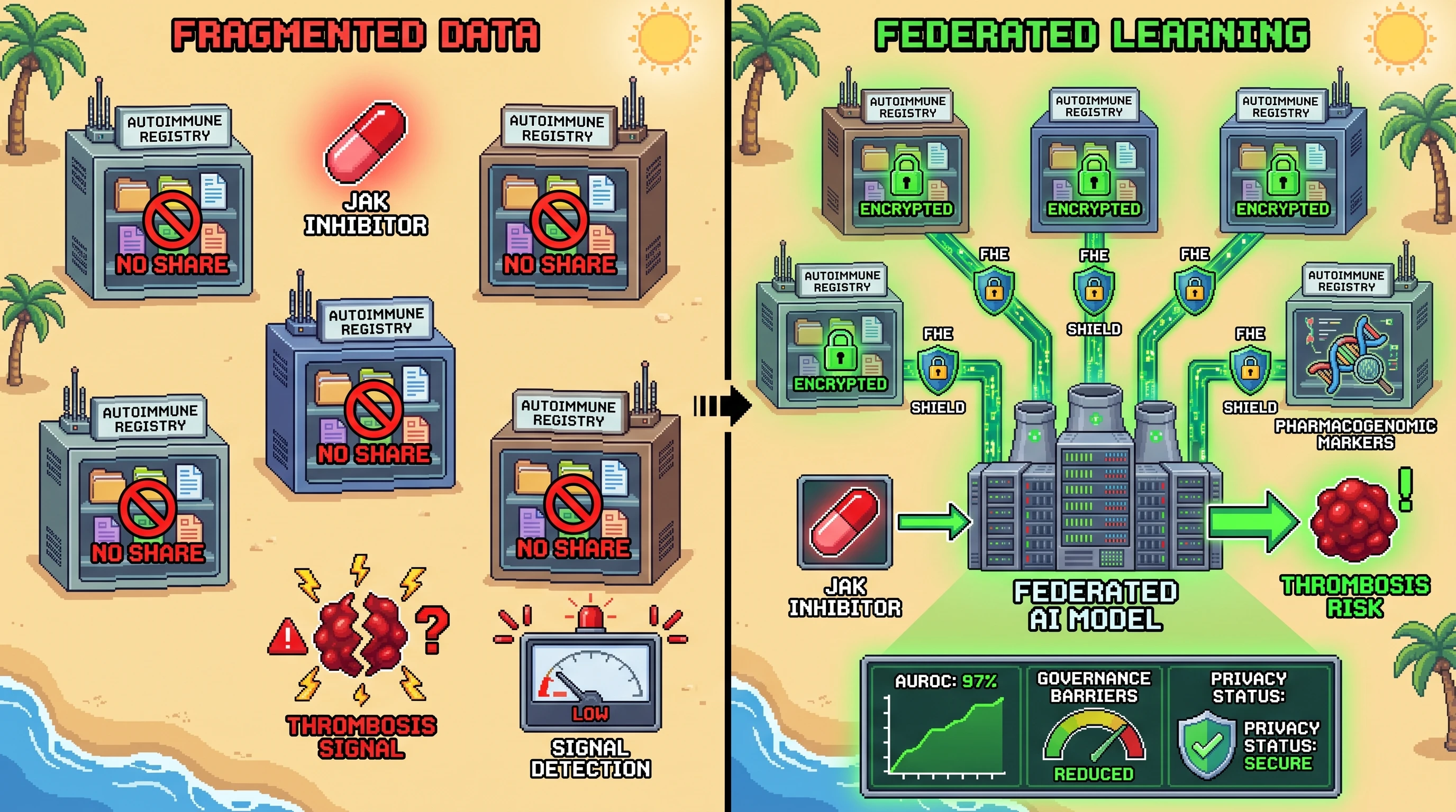 Mechanism: Encrypted federated learning pools data from multiple autoimmune registries without exposing raw patient information, enabling robust analysis of JAK inhibitor pharmacogenomics and thrombosis risk. Readout: Readout: The federated model achieves over 95% of plaintext AUROC, significantly reducing governance barriers and preserving patient data privacy.
