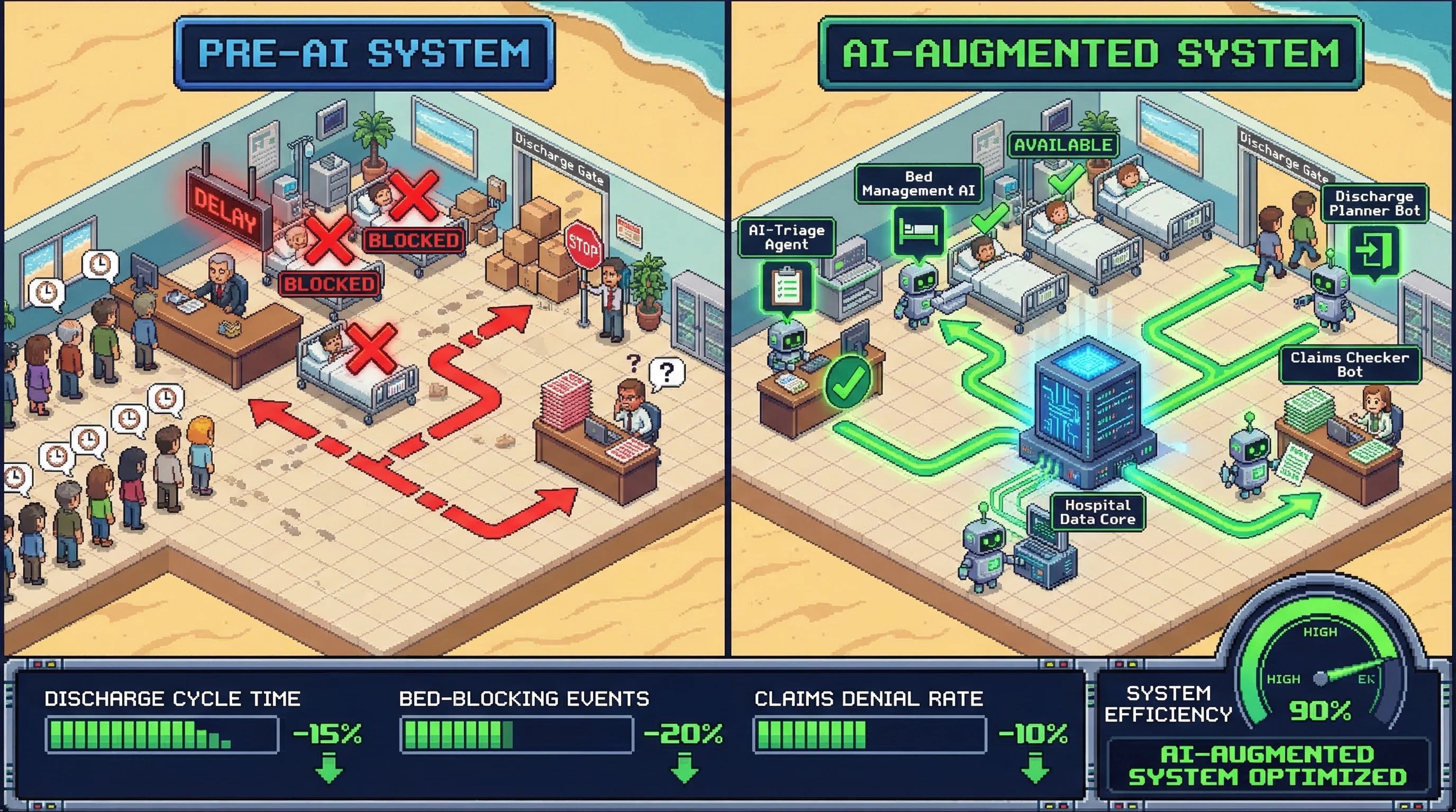 Infographic for: Hypothesis (2026-03-15) [S3/5] [Technical + Investor]: AI-native hospital operations can reduce avoidable delays across triage, discharge, and revenue cycle