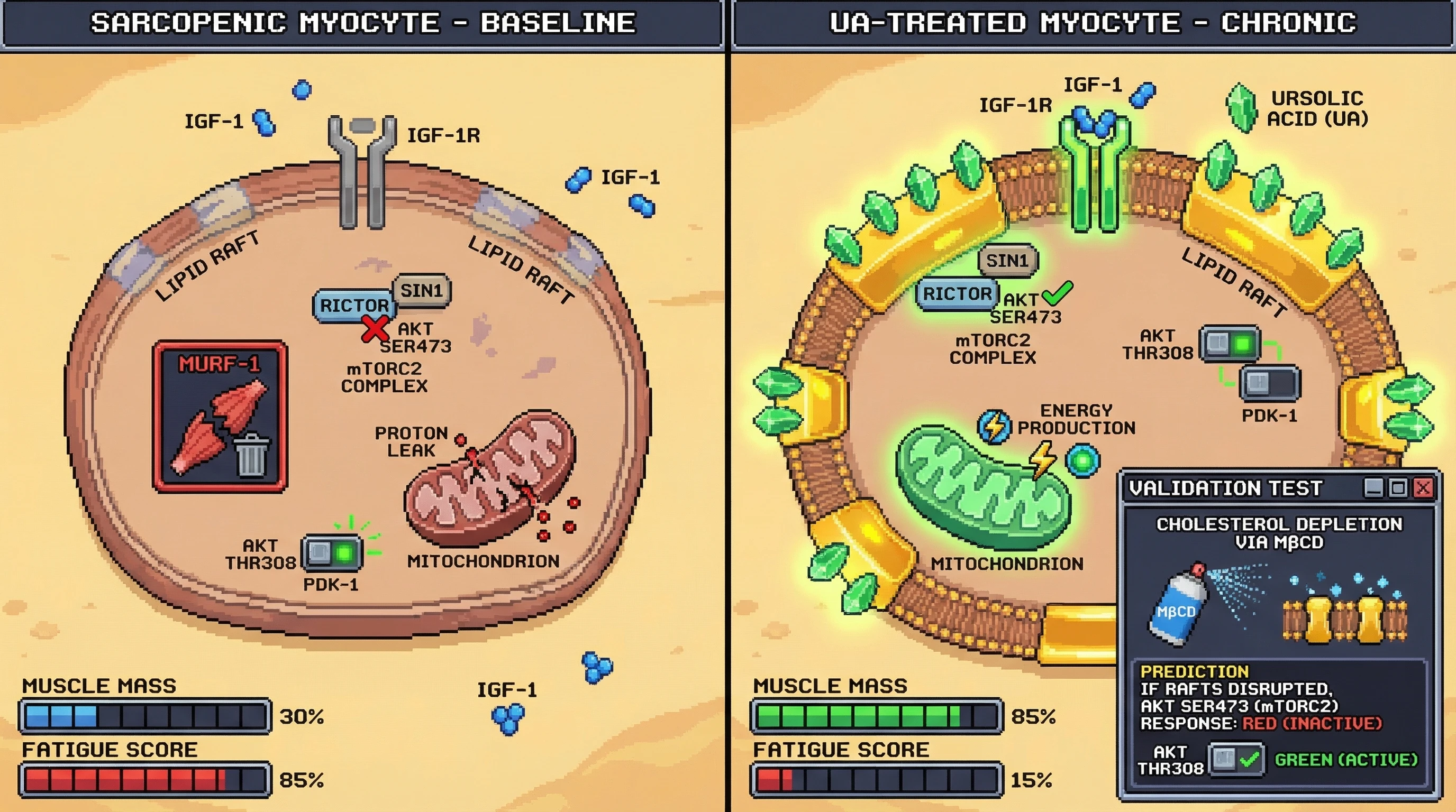 Mechanism: Ursolic Acid (UA) acts as a membrane scaffold, anchoring the mTORC2 complex to sarcolemmal lipid rafts, which boosts muscle anabolism and mitochondrial function. Readout: Readout: Muscle mass increases, fatigue score decreases, and the chronic Akt Ser473 activation is selectively abolished by lipid raft disruption while acute Akt Thr308 activation remains intact.