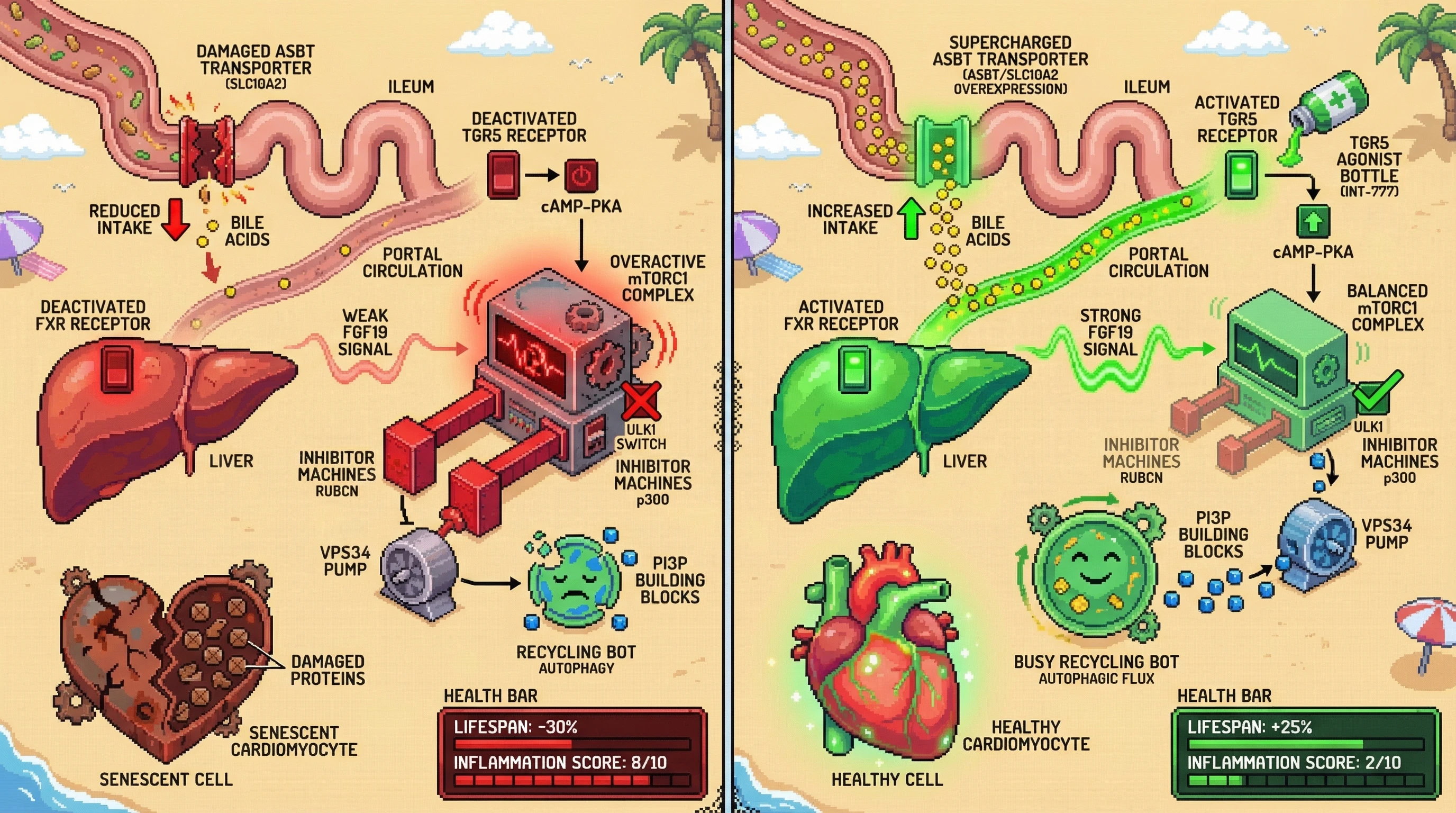 Mechanism: Age-related decline in ileal bile acid transporters reduces FXR/TGR5 signaling, leading to overactive mTORC1 and increased autophagy inhibitors RUBCN/p300. Readout: Readout: Therapeutic activation of TGR5 or ASBT overexpression restores autophagy, reduces senescence markers, and increases lifespan.