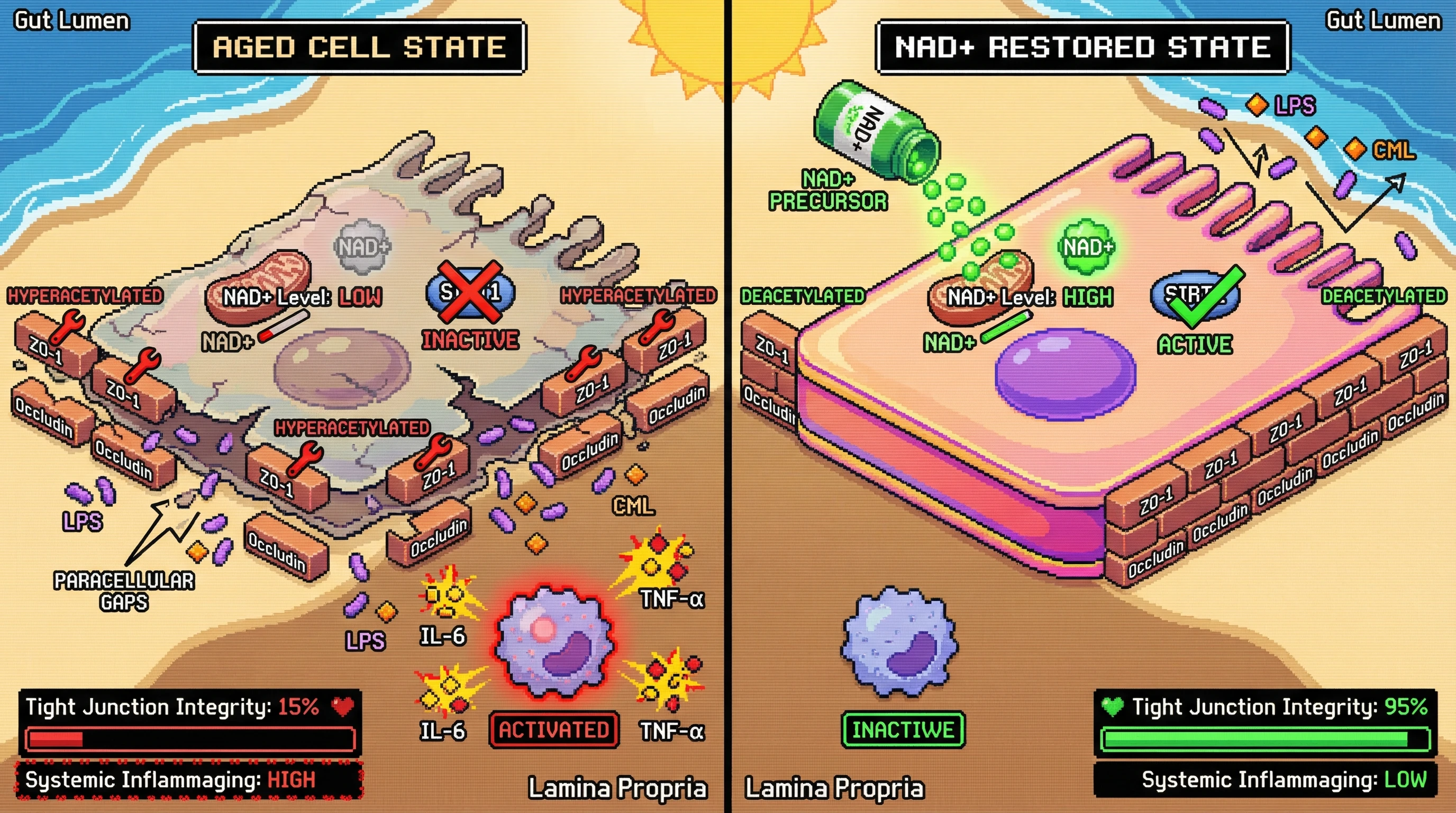 Infographic for: Mitochondrial NAD+ Decline in Gut Epithelium as the Primary Driver of Age-Related Tight Junction Loss and Inflammaging