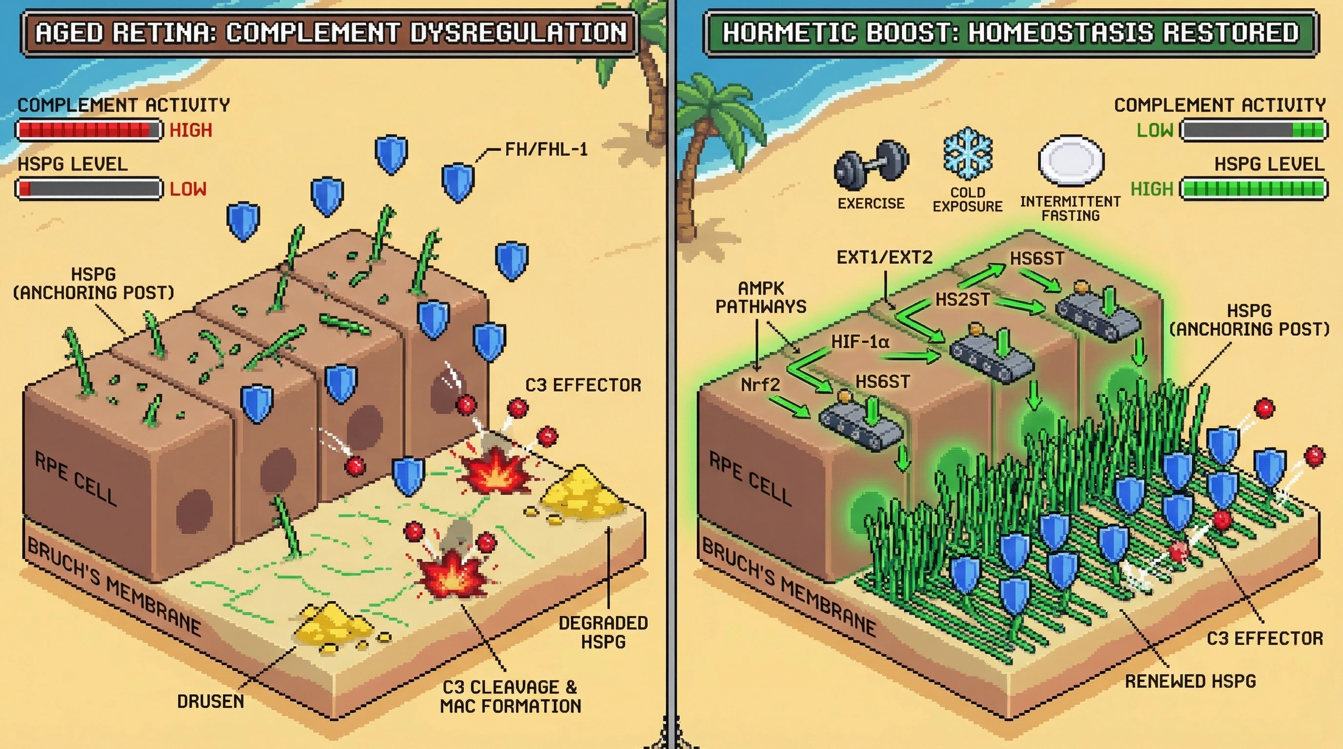 Infographic for: Hormetic stimuli restore constitutive complement regulation by renewing heparan sulfate proteoglycan anchoring in Bruch's membrane