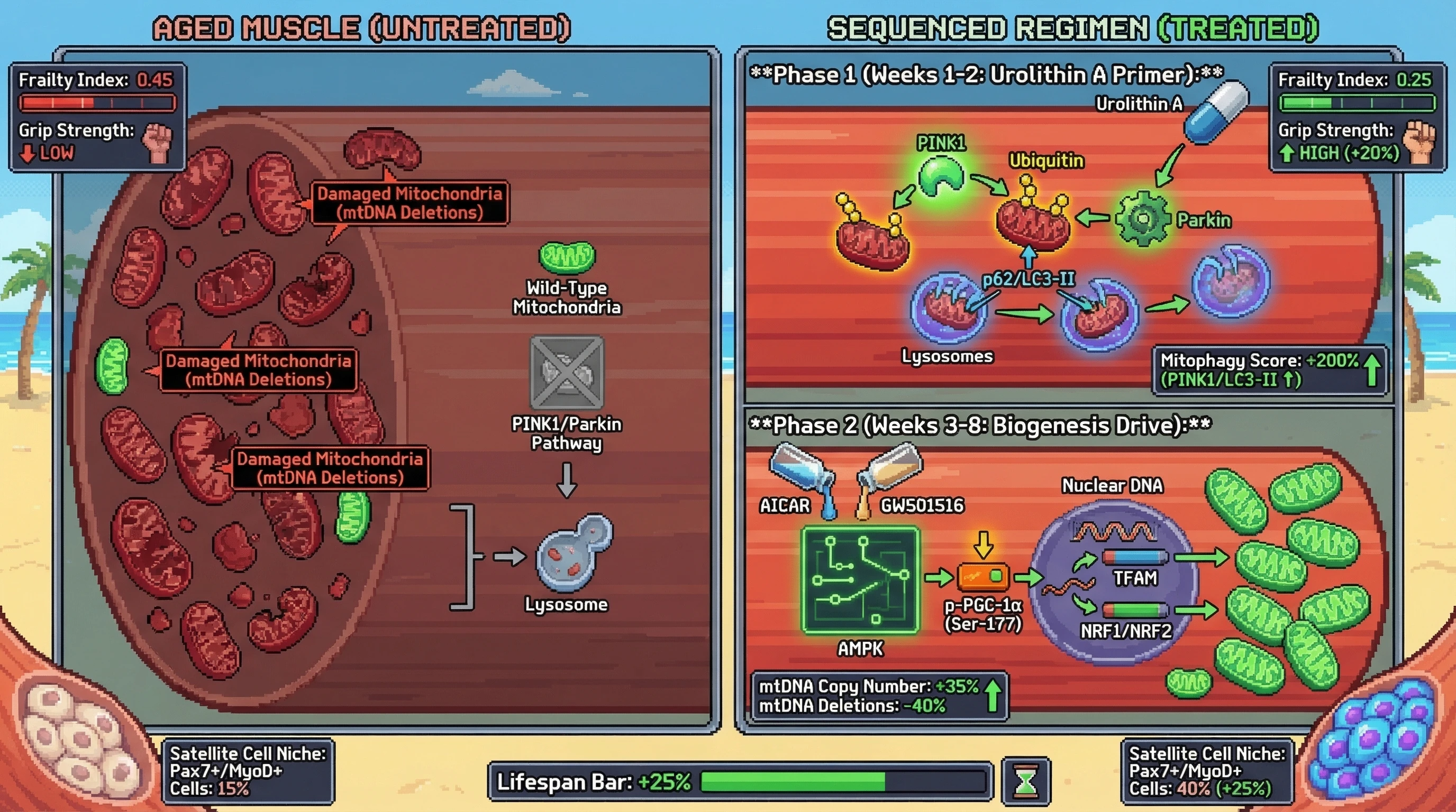 Infographic for: A sequenced triple-combination protocol — urolithin A mitophagy primer followed by AICAR + GW501516 biogenesis drive ...