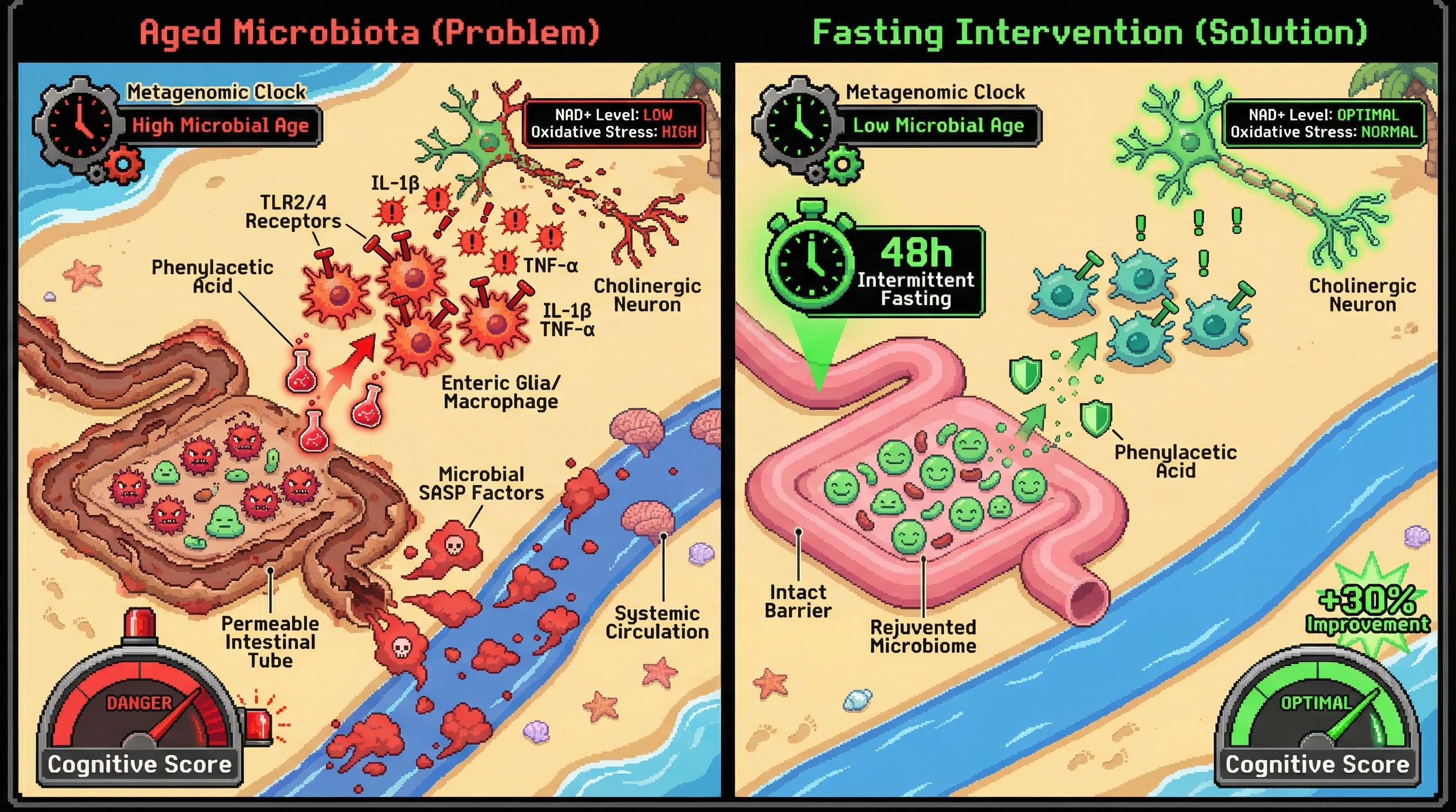 Mechanism: Aged gut microbiota elevate phenylacetic acid and SASP factors, activating enteric glia/macrophages to release inflammatory cytokines that damage cholinergic neurons and increase gut permeability. Readout: Readout: Intermittent fasting reduces microbial age, preserving cholinergic neuron density and improving cognitive scores.