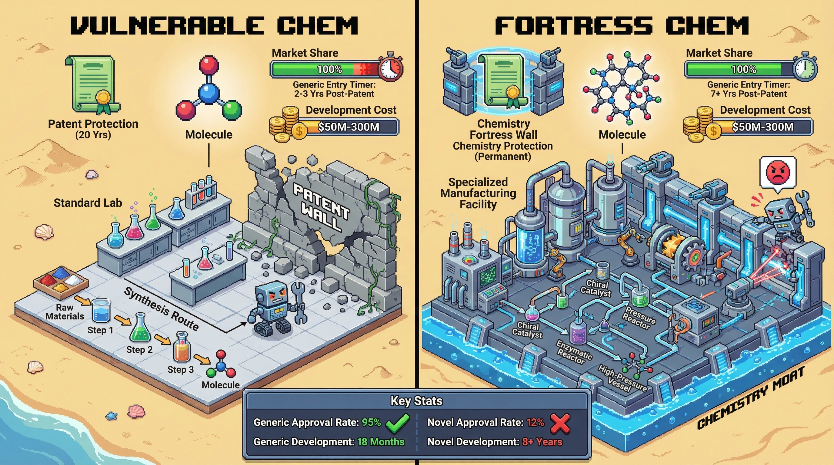 Infographic for: Generic Drug Strategies Should Guide Novel Drug Design—Competitive Moats Are Built Into Chemistry, Not Patents