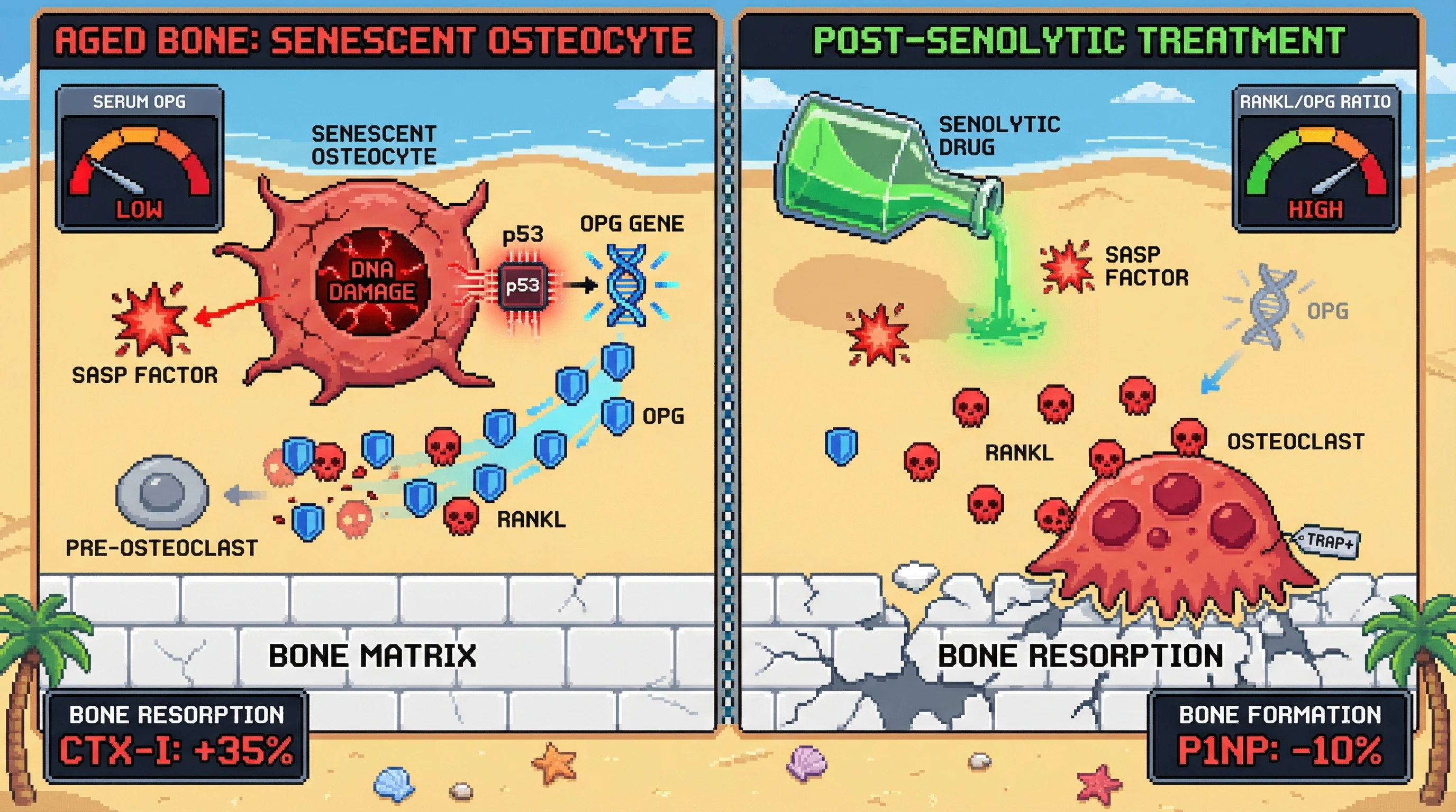Mechanism: Senescent osteocytes initially produce OPG to temper bone resorption, but their senolytic clearance removes this protective source. Readout: Readout: This leads to a transient increase in the RANKL/OPG ratio, elevating CTX-I by 35% and decreasing P1NP by 10%.