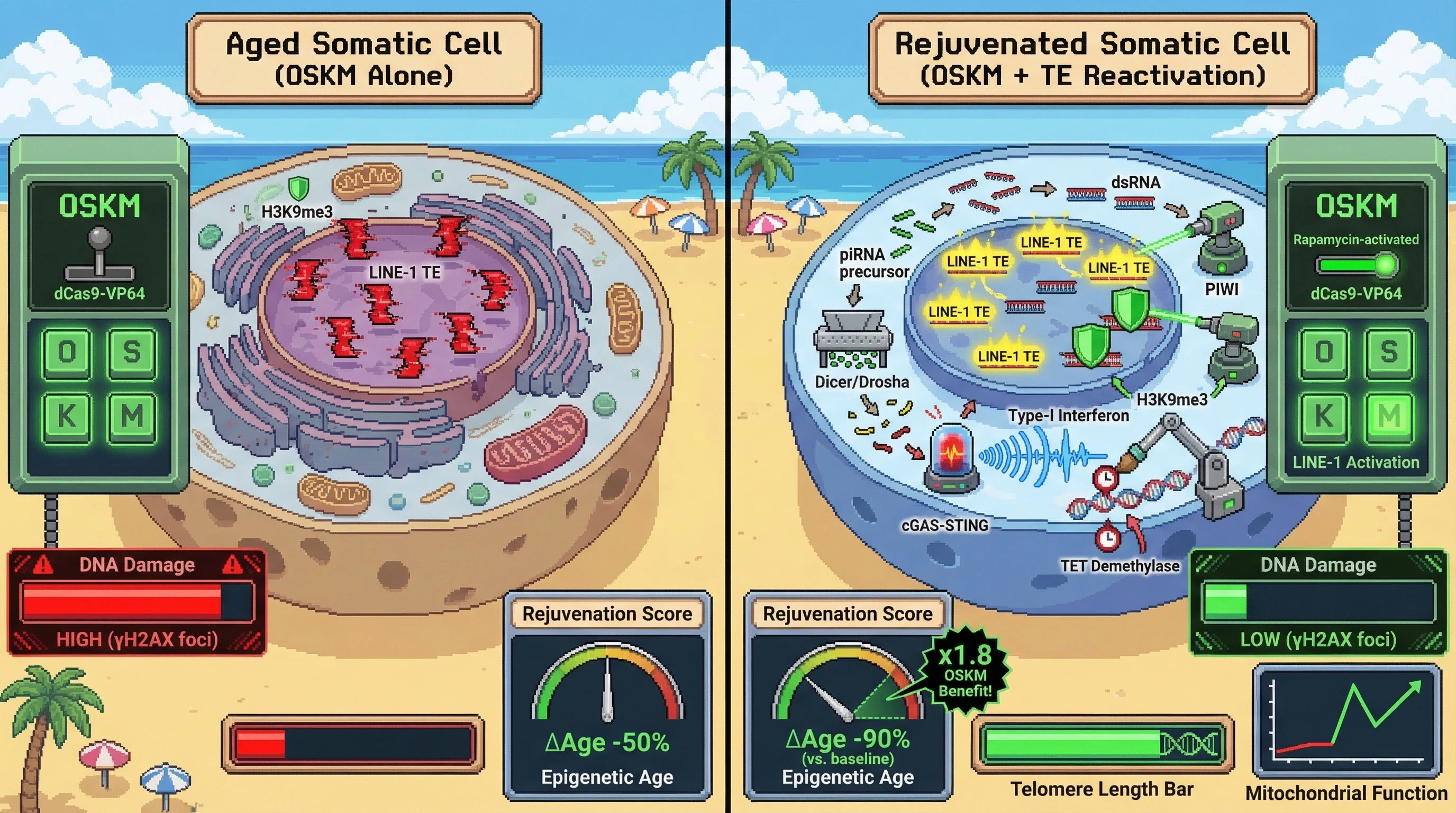 Infographic for: Controlled Transposable Element Reactivation Enhances OSKM-Mediated Somatic Rejuvenation by Activating Germline-like piRNA Surveillance